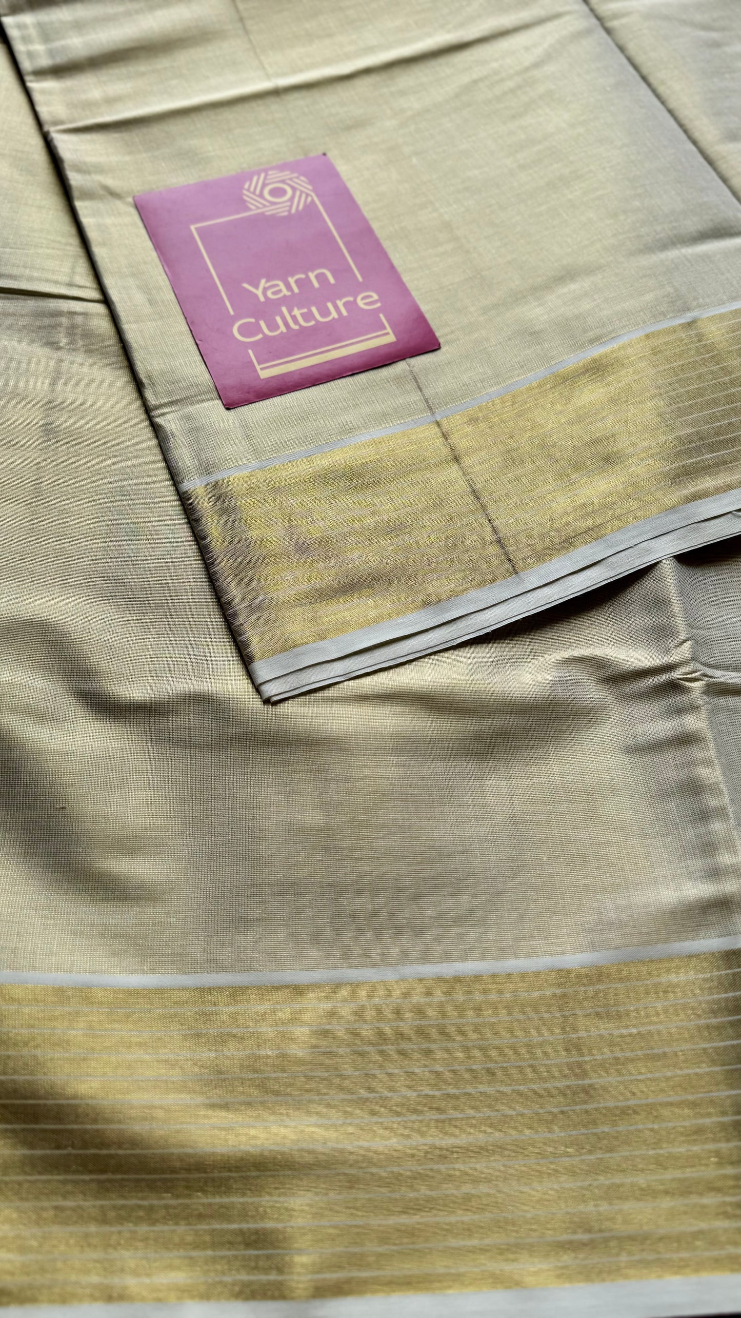 Ivory and gold tissue with striped border, kerala soft cotton - YCON25MC271