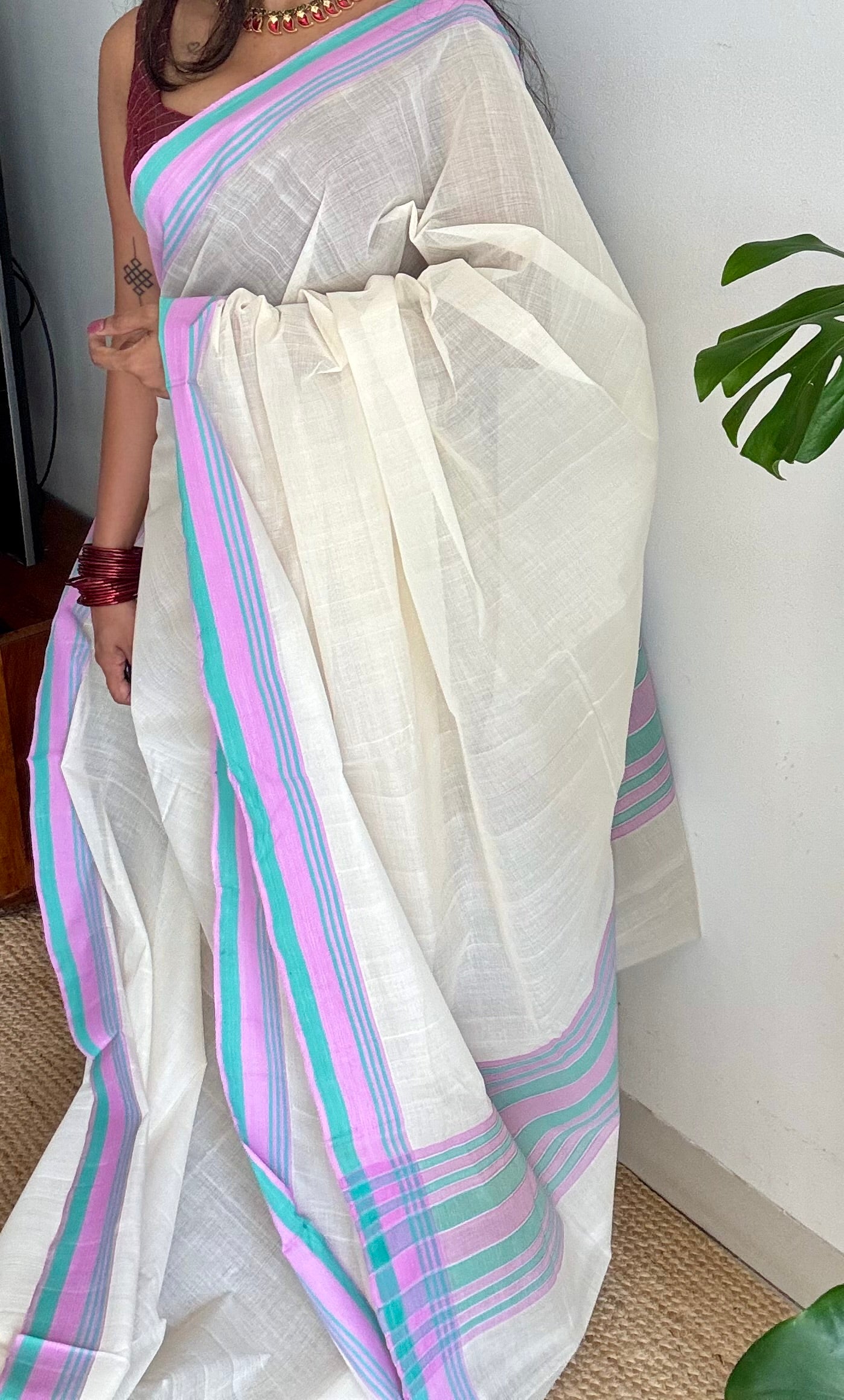 Handloom, woven in Chendamangalam Looms, ivory with pink and green stripes, soft cotton saree - YCIEON149