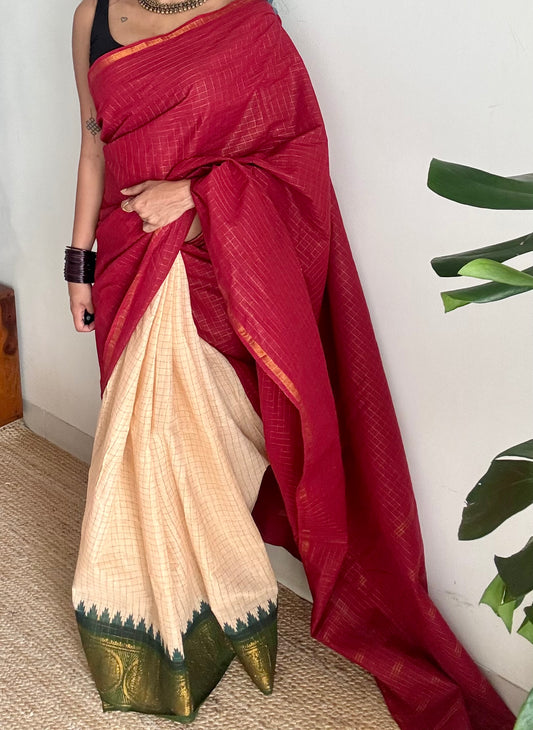 Red with cream and green, sungudi cotton half-half saree - YCCOTNIDOC12