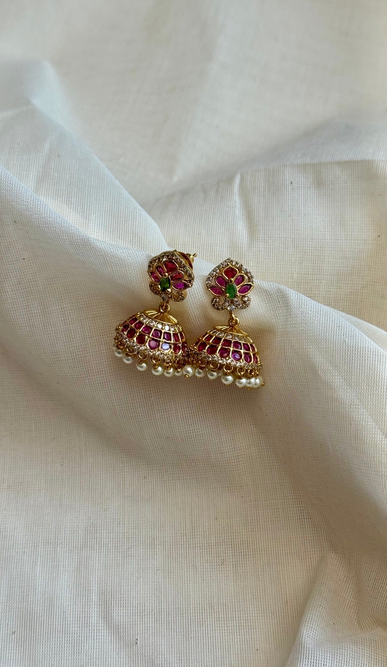 Ruby green pearl drops with white stones jhumka - YCGPER833