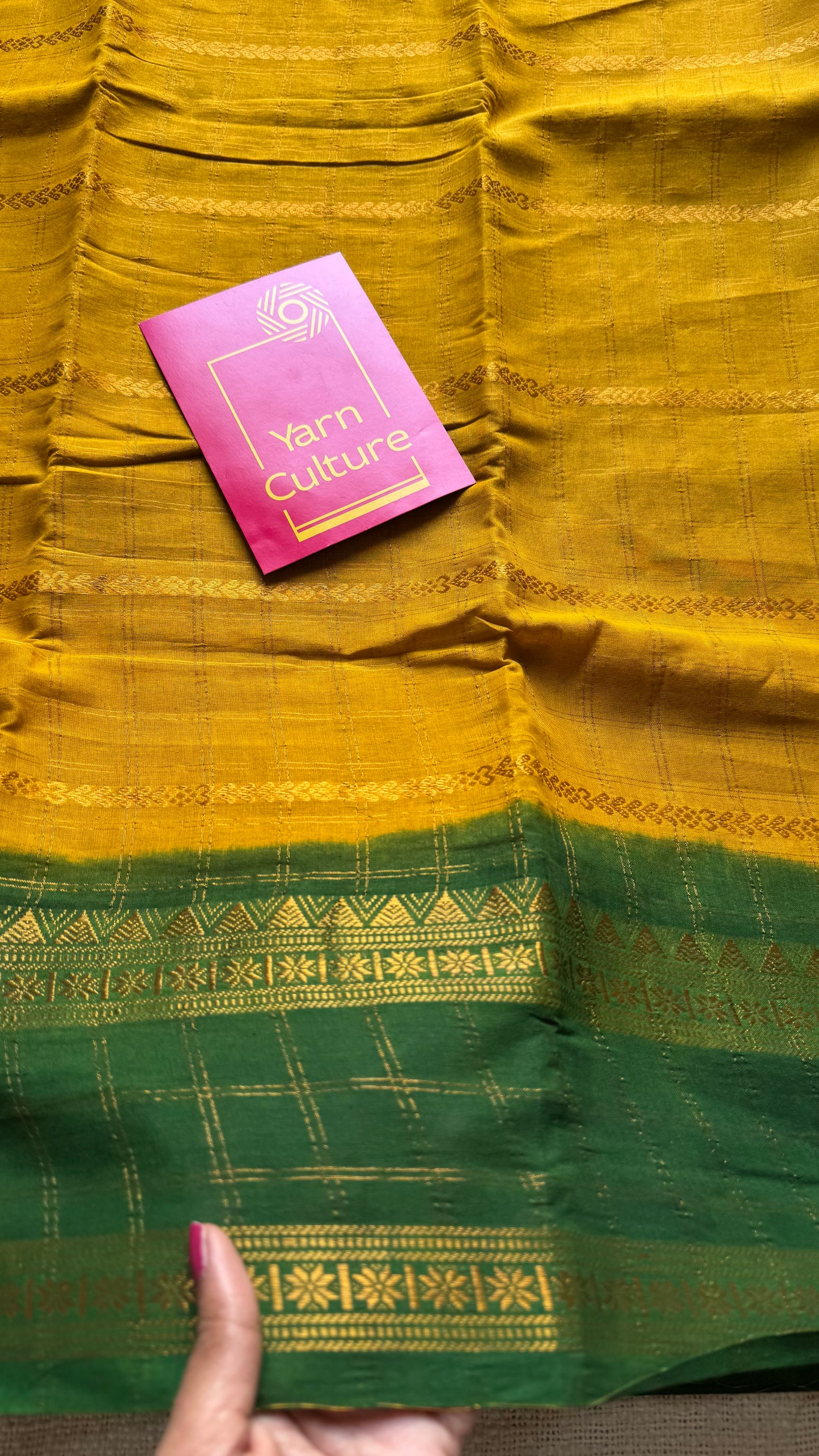 Ginger yellow with dark green, Adayar checks with velthaari pattern, madurai cotton - YCCOTNOCSC04