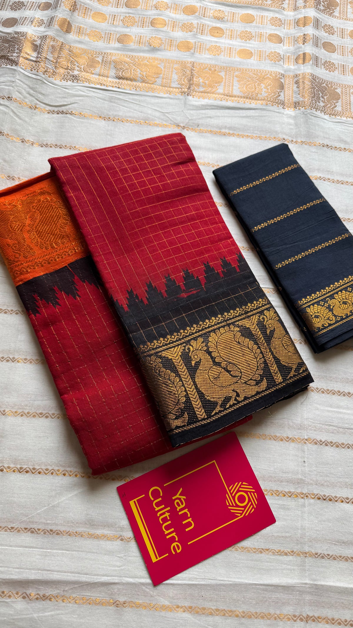 Sungudi cotton checks, red base, orange and black dual tone border, soft cotton - YCCOTNMSSE11