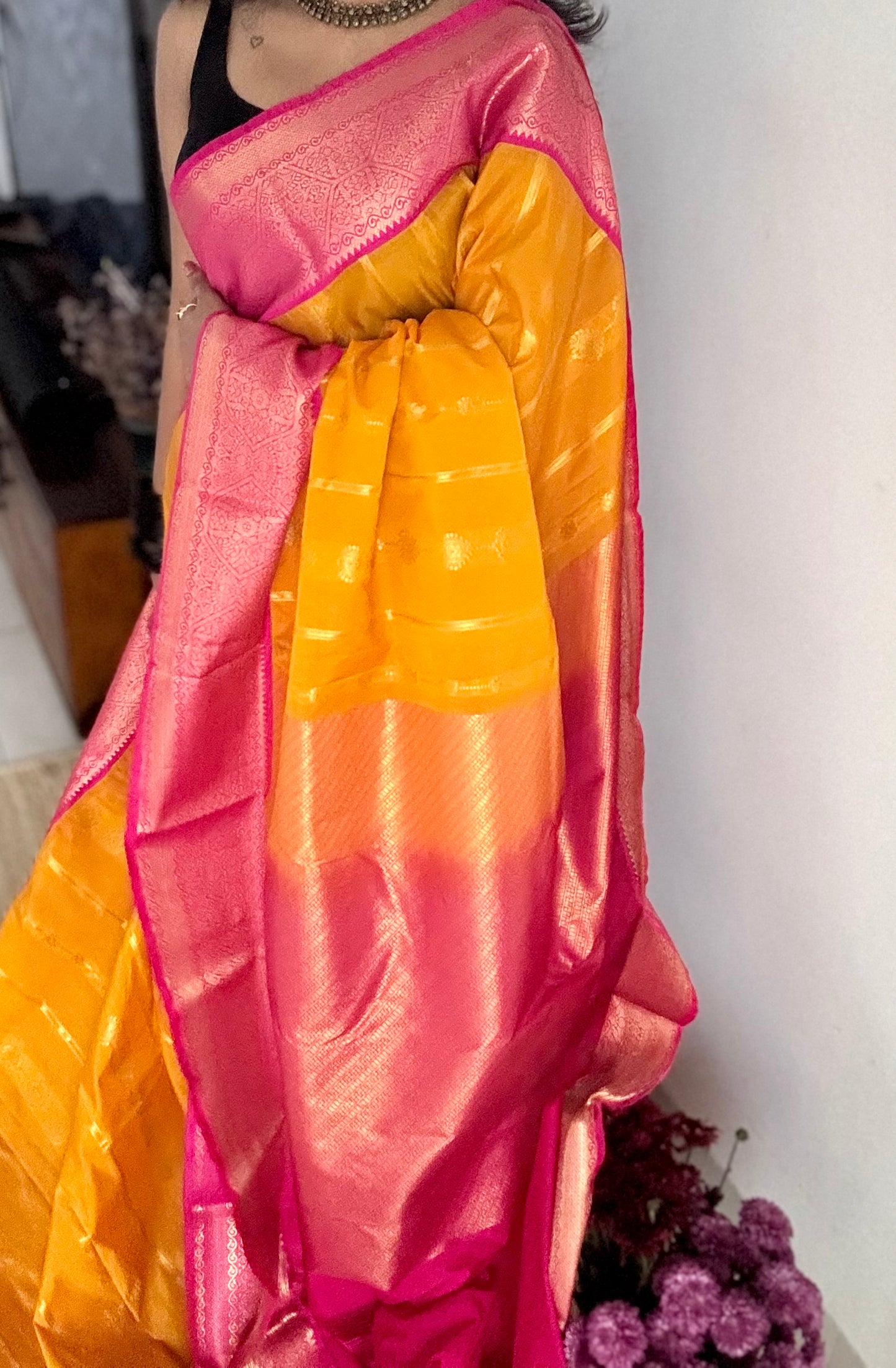 Suhani - yellow with hot pink, handloom korvai semi silk - YCCOTNFEJUKS03