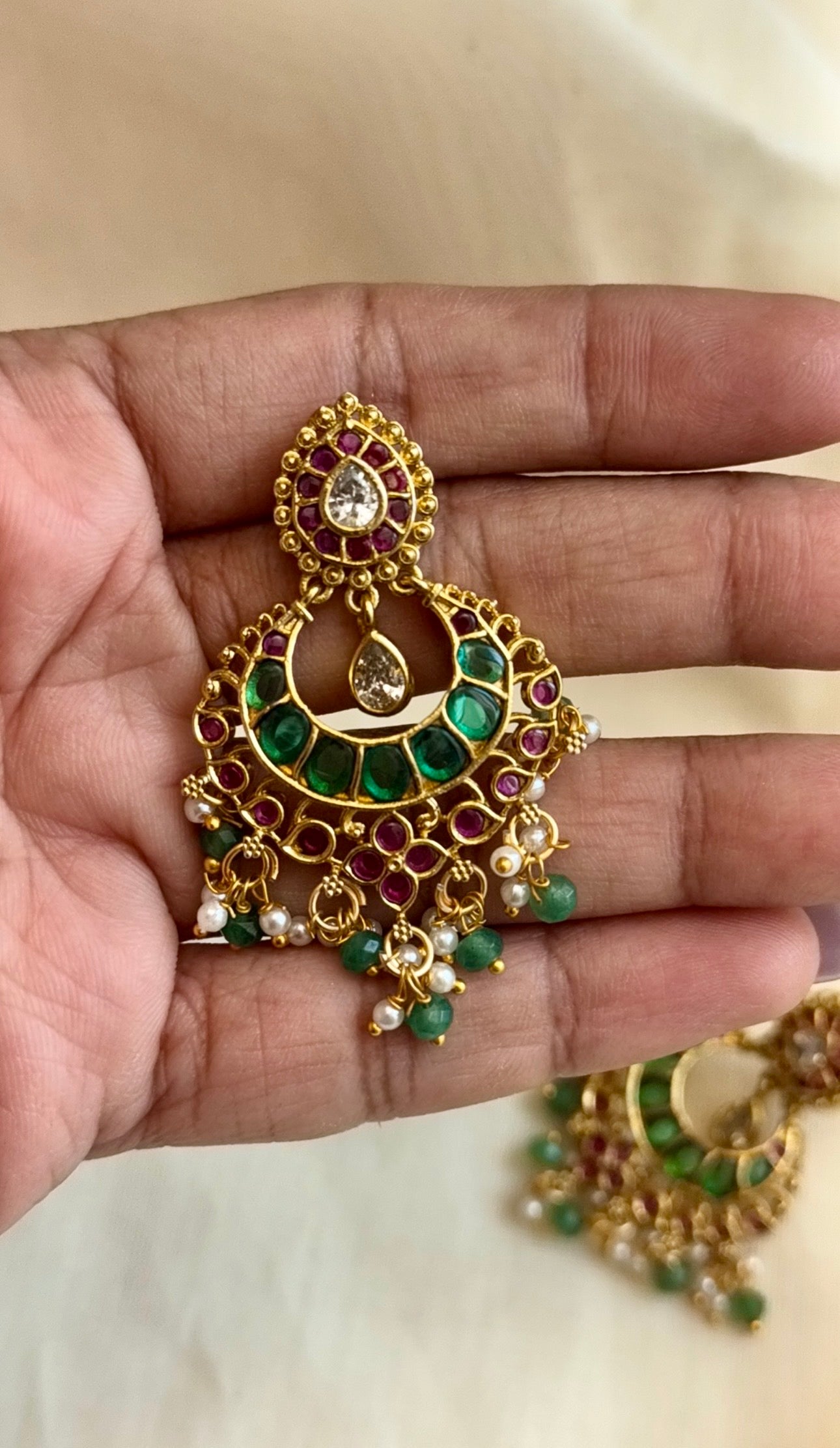 Chandbali ruby green dangler earring - YCGPER824