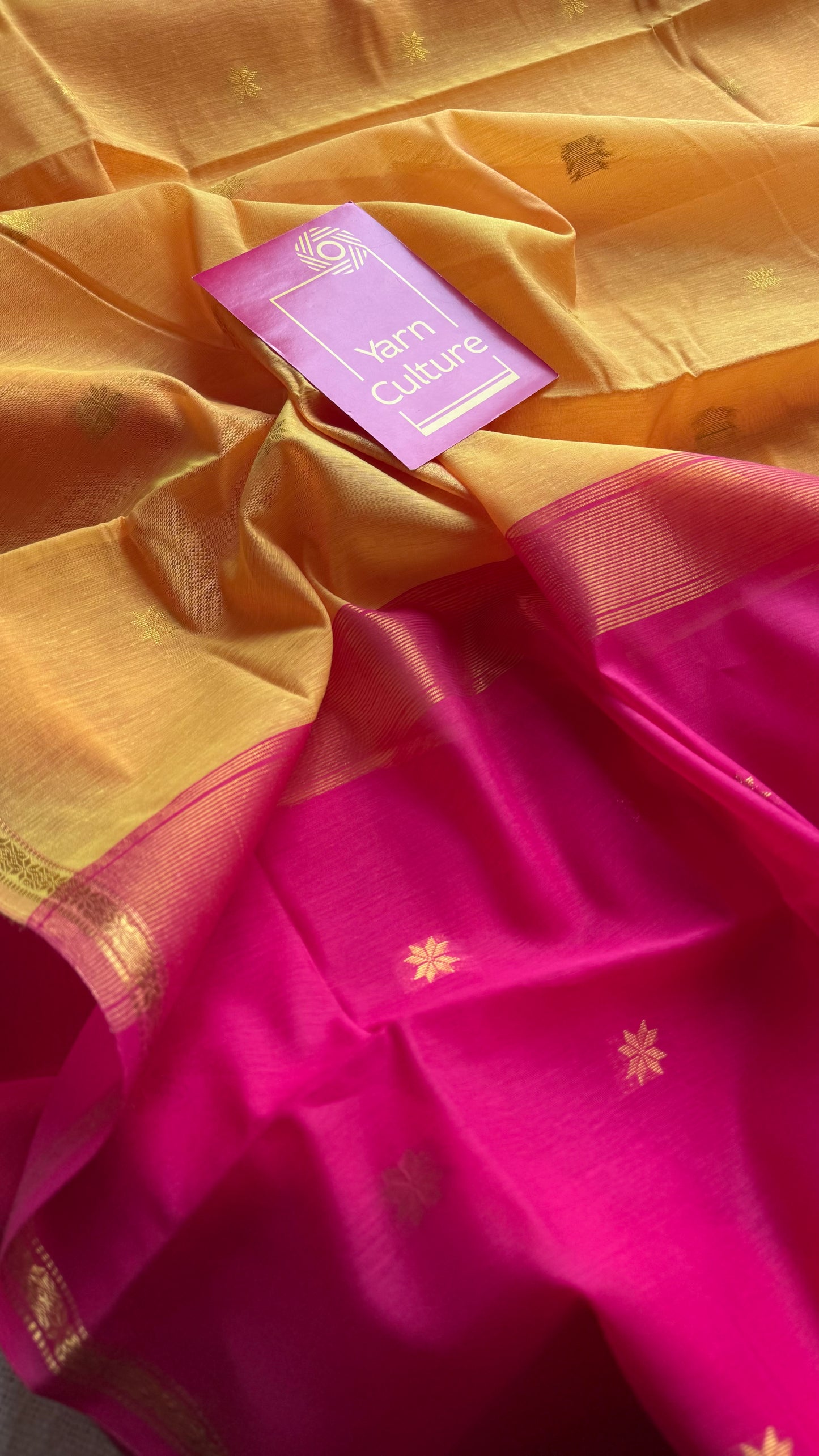 Yellow with pink, gold buttas, semi maheshwari cotton silk - YCCOTNFEJUSM08