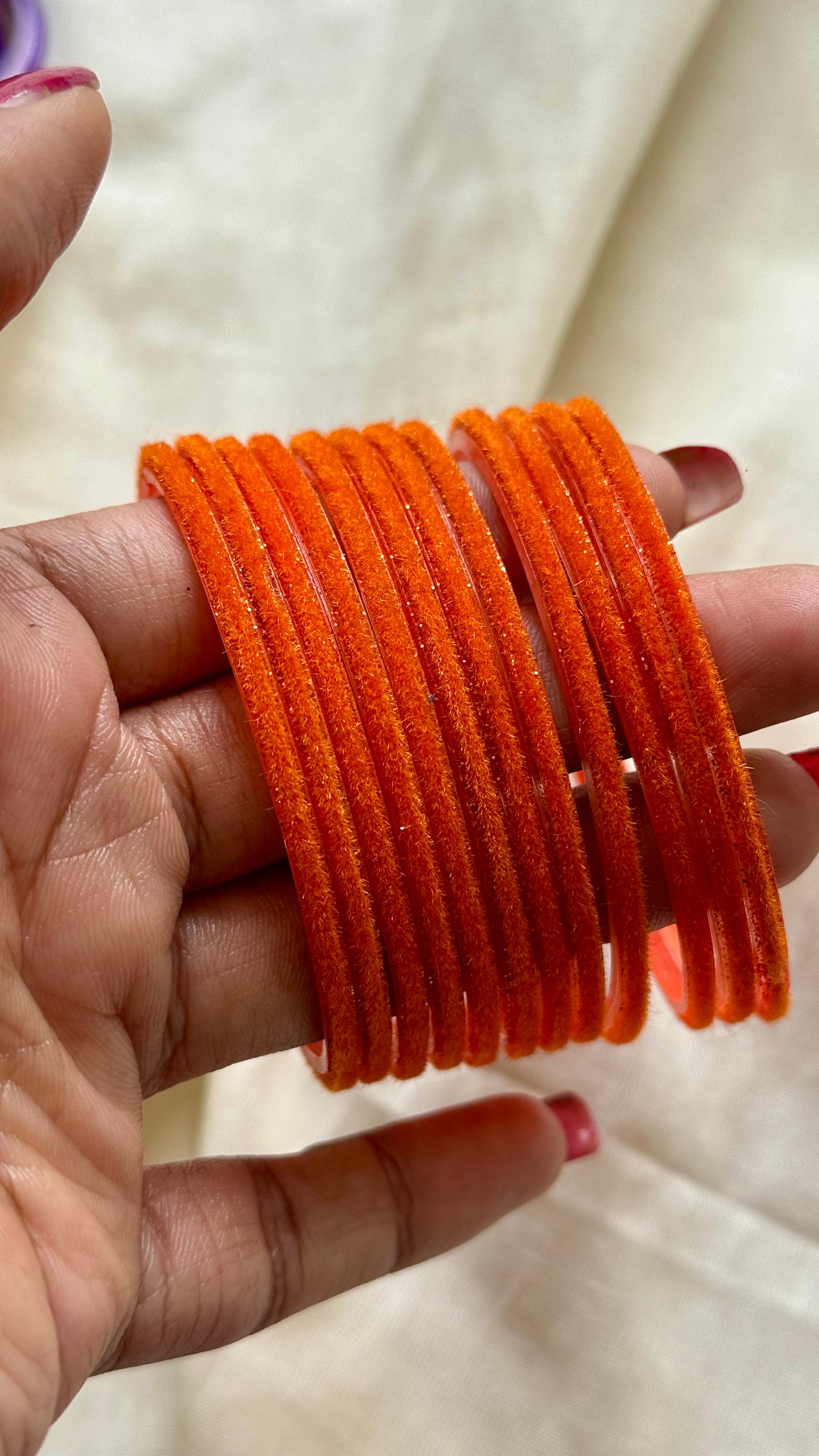 Orange velvet glass bangles, set of 12 - YCBANGL353