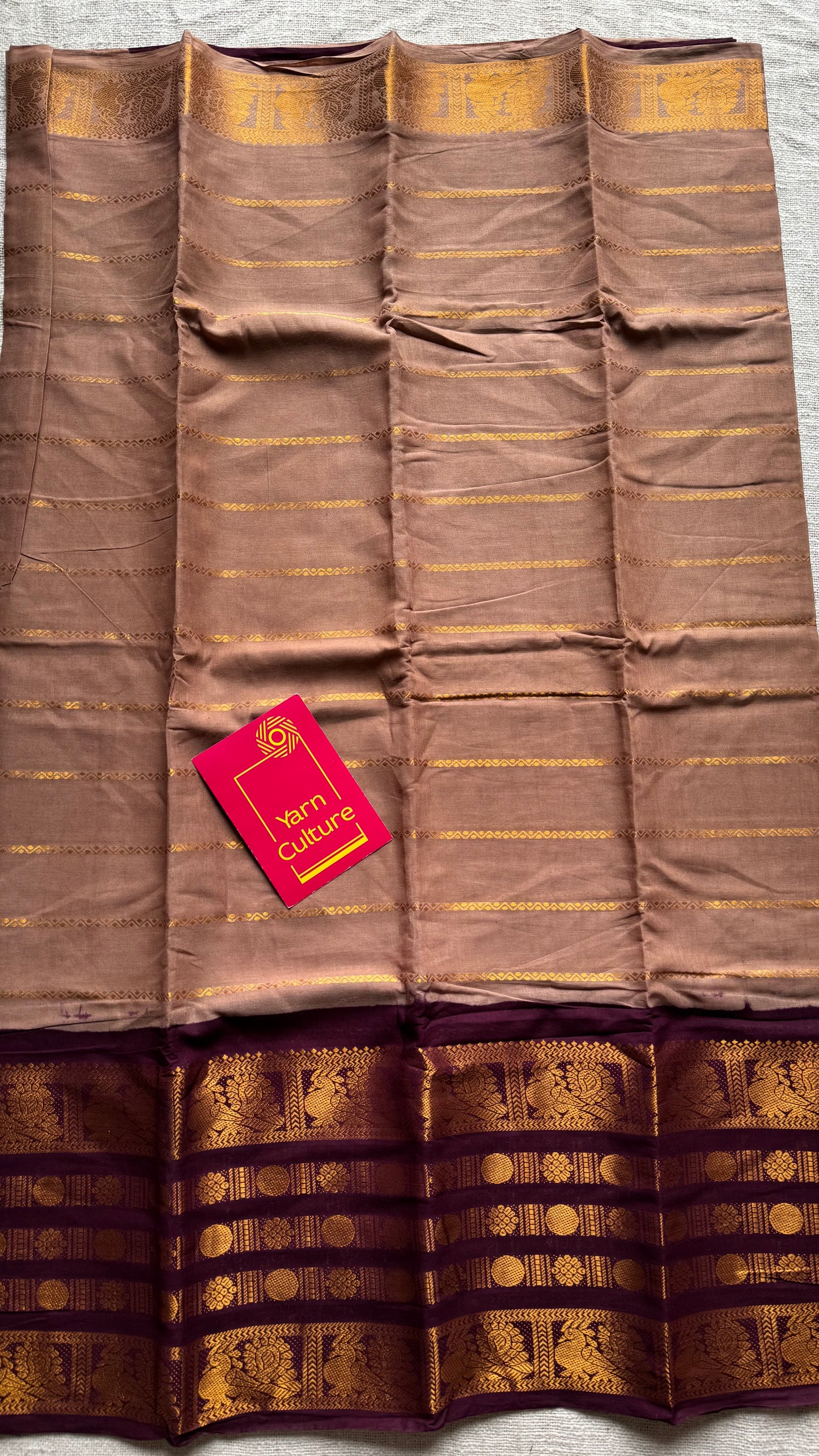 Light brown with maroon, peacock rudraksham motif, single side broad zari - madurai kattuchayam dyed - YCCOTNAURS17