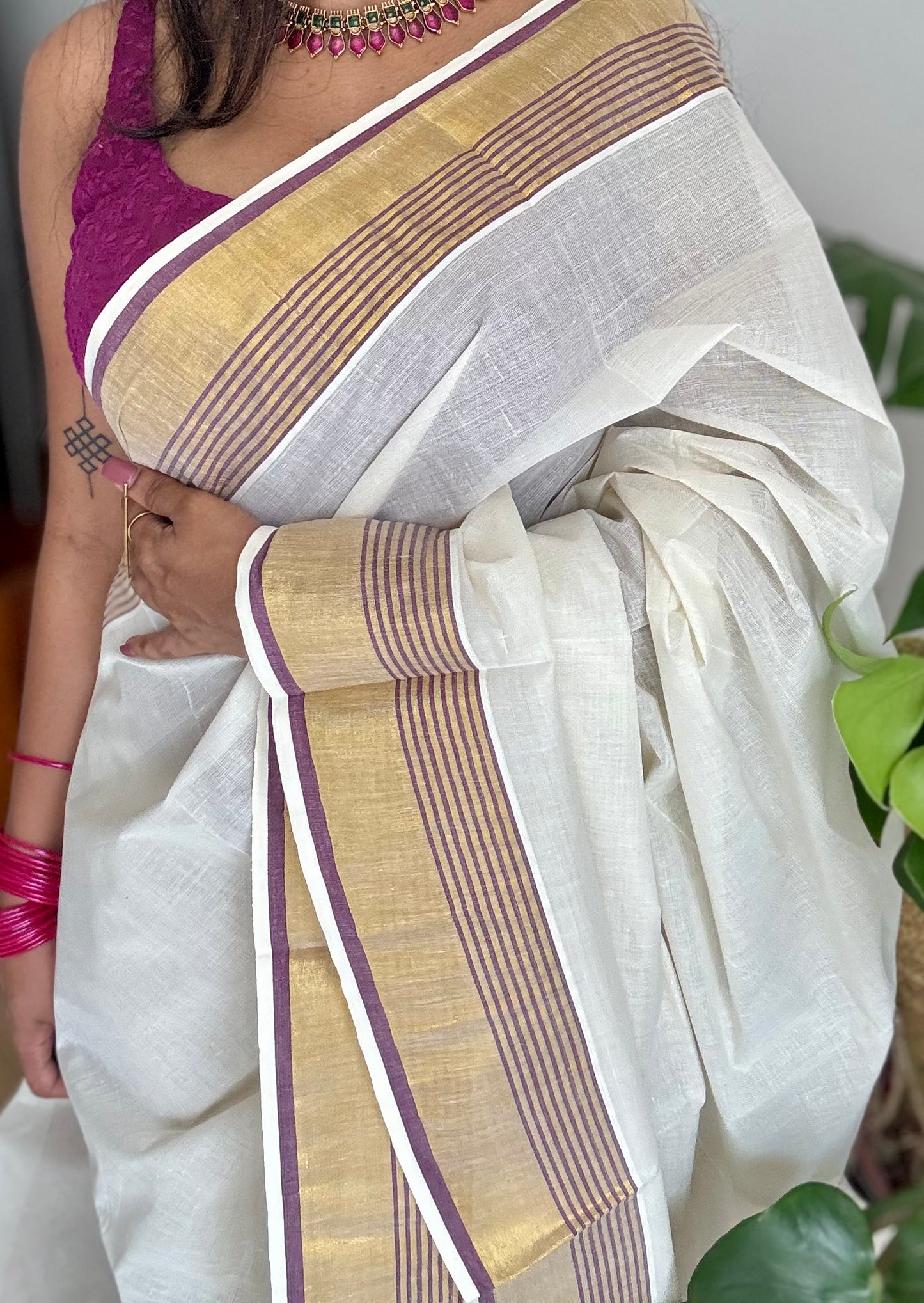 Ivory and gold soft cotton saree, purple border - YCIEON76