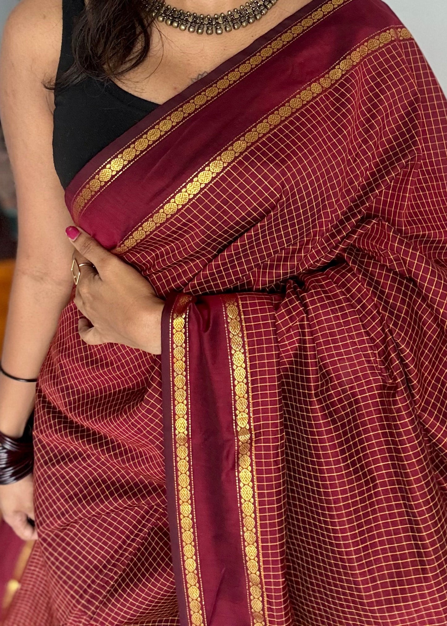 Maroonish brown, arani checks, cotton silk - YCCOTNOCAR07