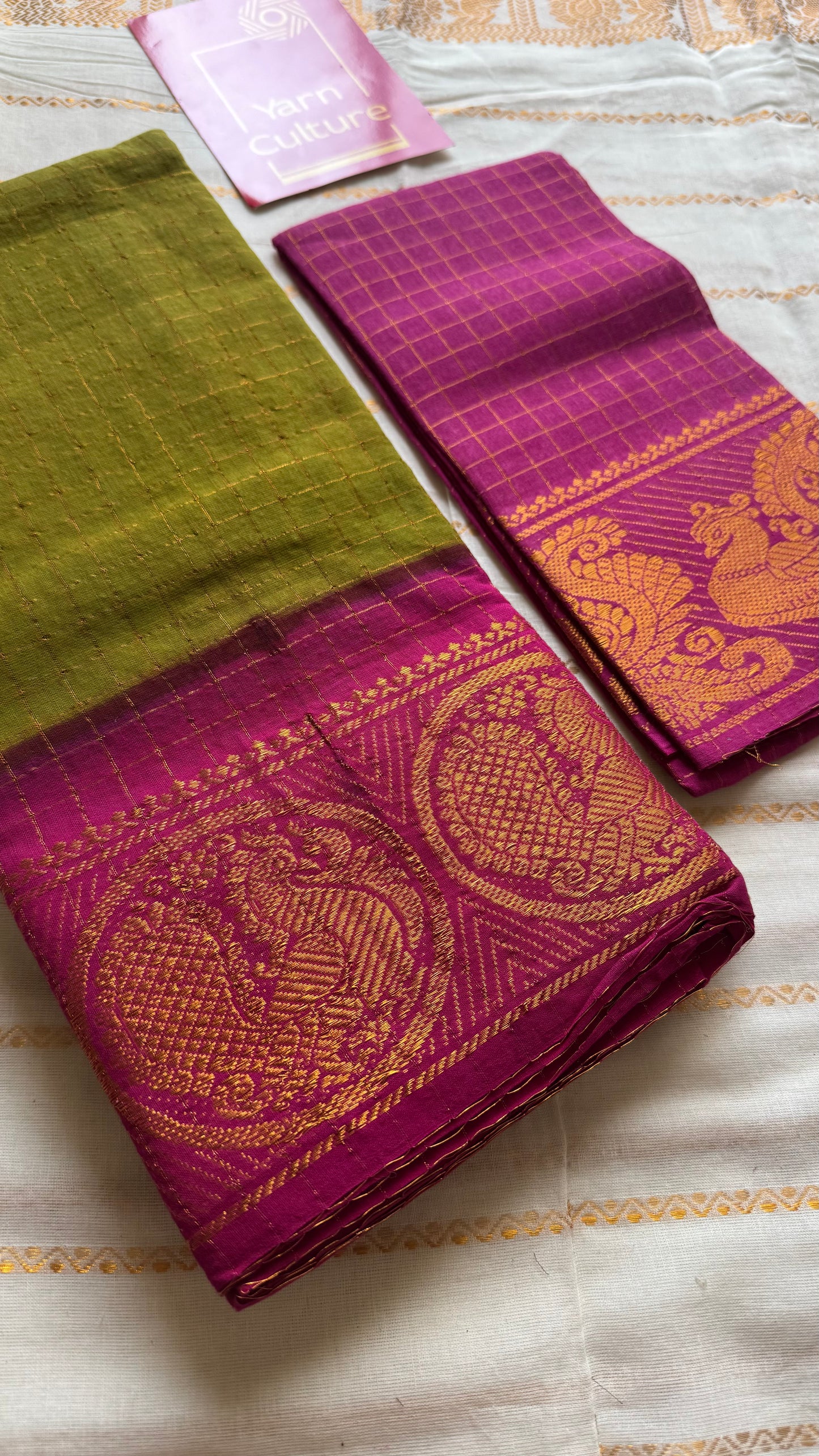 Olive green with magenta contrast zari checkered sungudi, kattuchayam dyed madurai cotton - YCCOTNJU25