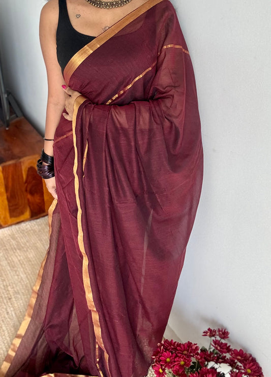 Brownish red dual tone mul, antique gold zari, gap border pattern - YCBCMCGZSE72