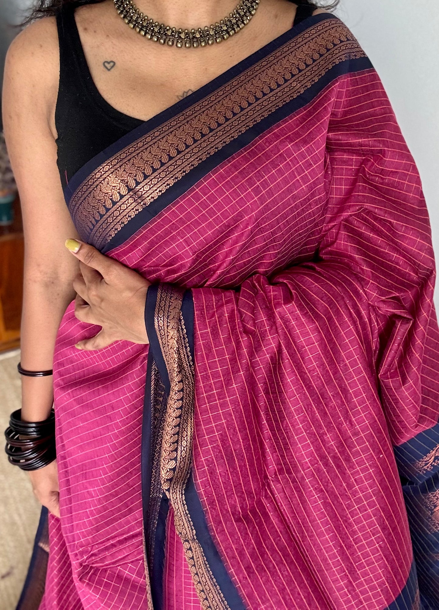 Dark pink with dark blue, checks - cotton silk - YCCOTNSEKCS12