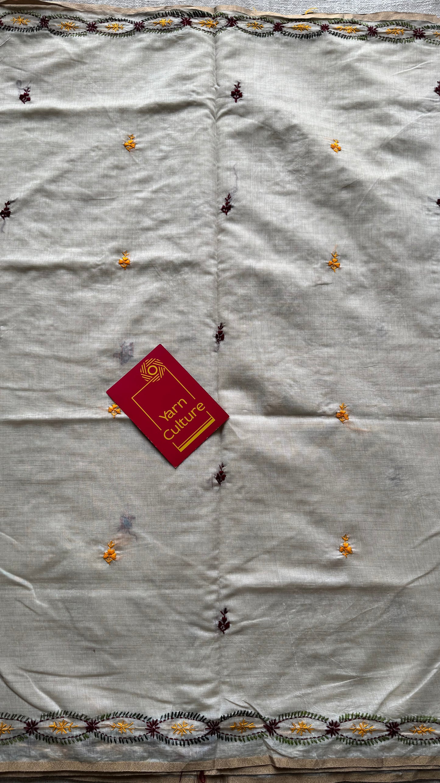 Ivory maheshwari cotton silk blend with maroon and dark yellow floral kantha threadwork - YCBLJULMK05