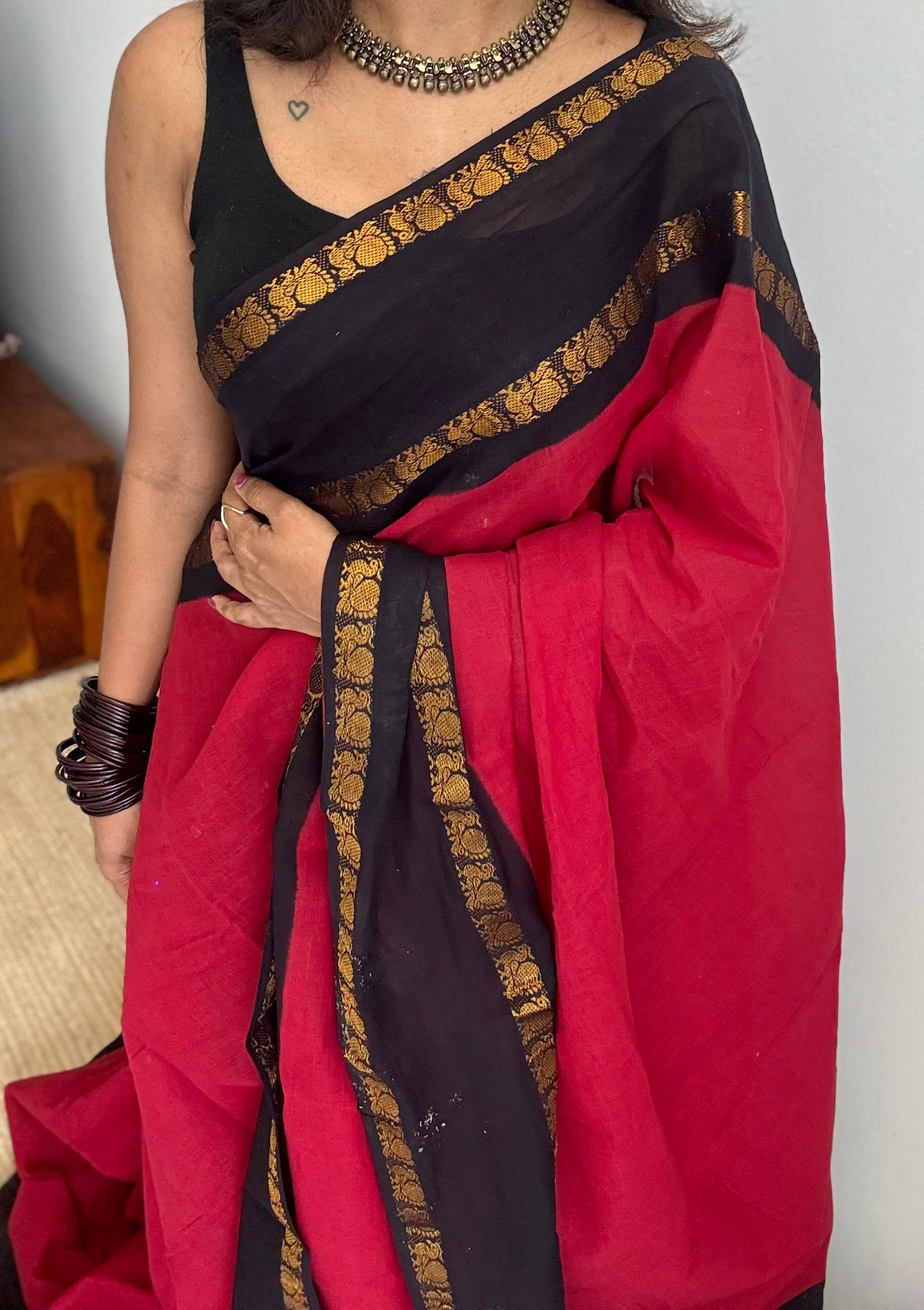 Carmine red and black, rettaipettu peacock double border, madurai soft cotton - YCCOTNAURS4