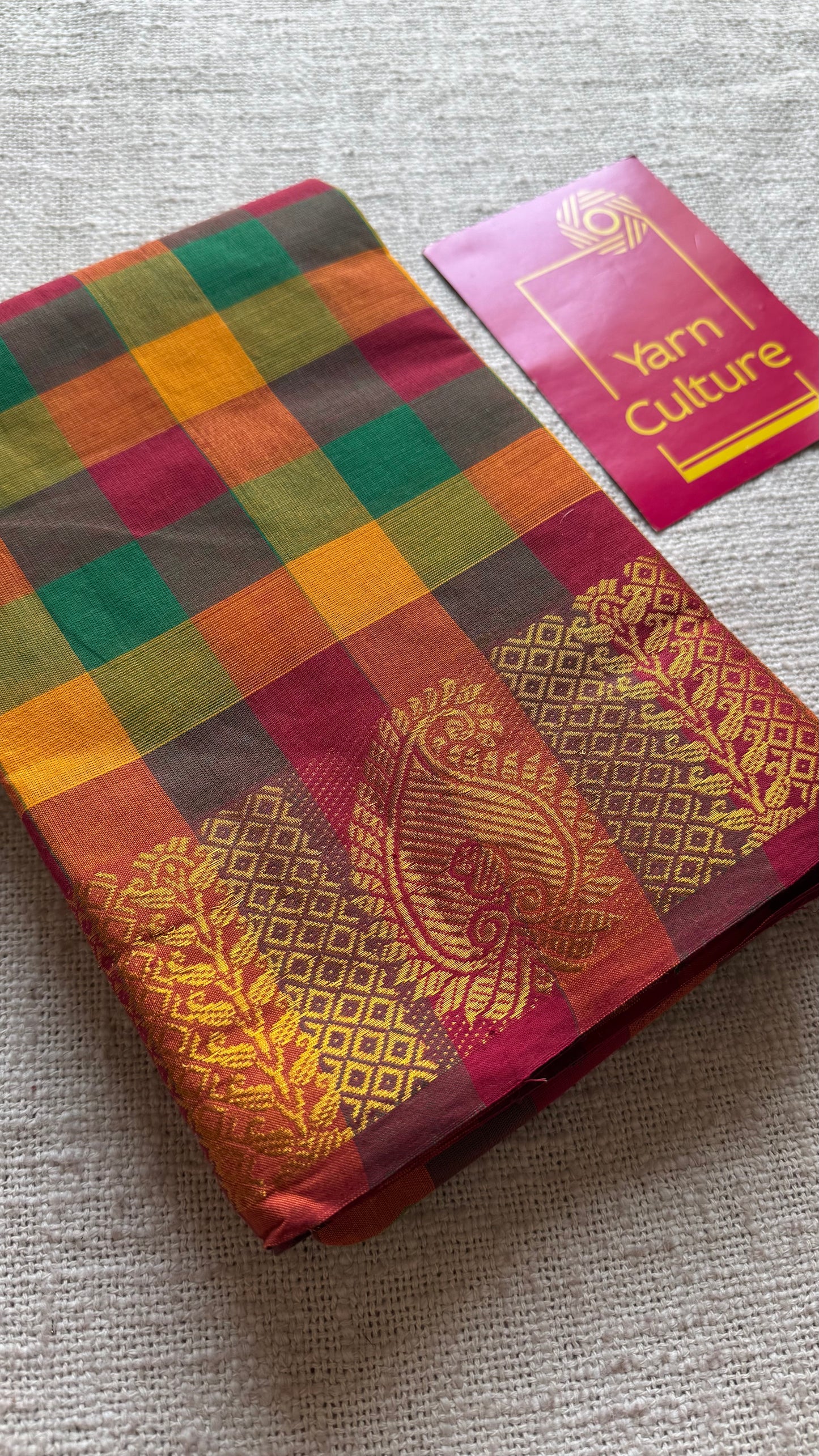 Multicolour Chettinad cotton saree with paalum pazhamum checks (green, yellow, orange, maroon) - YCCOTNCCFE340
