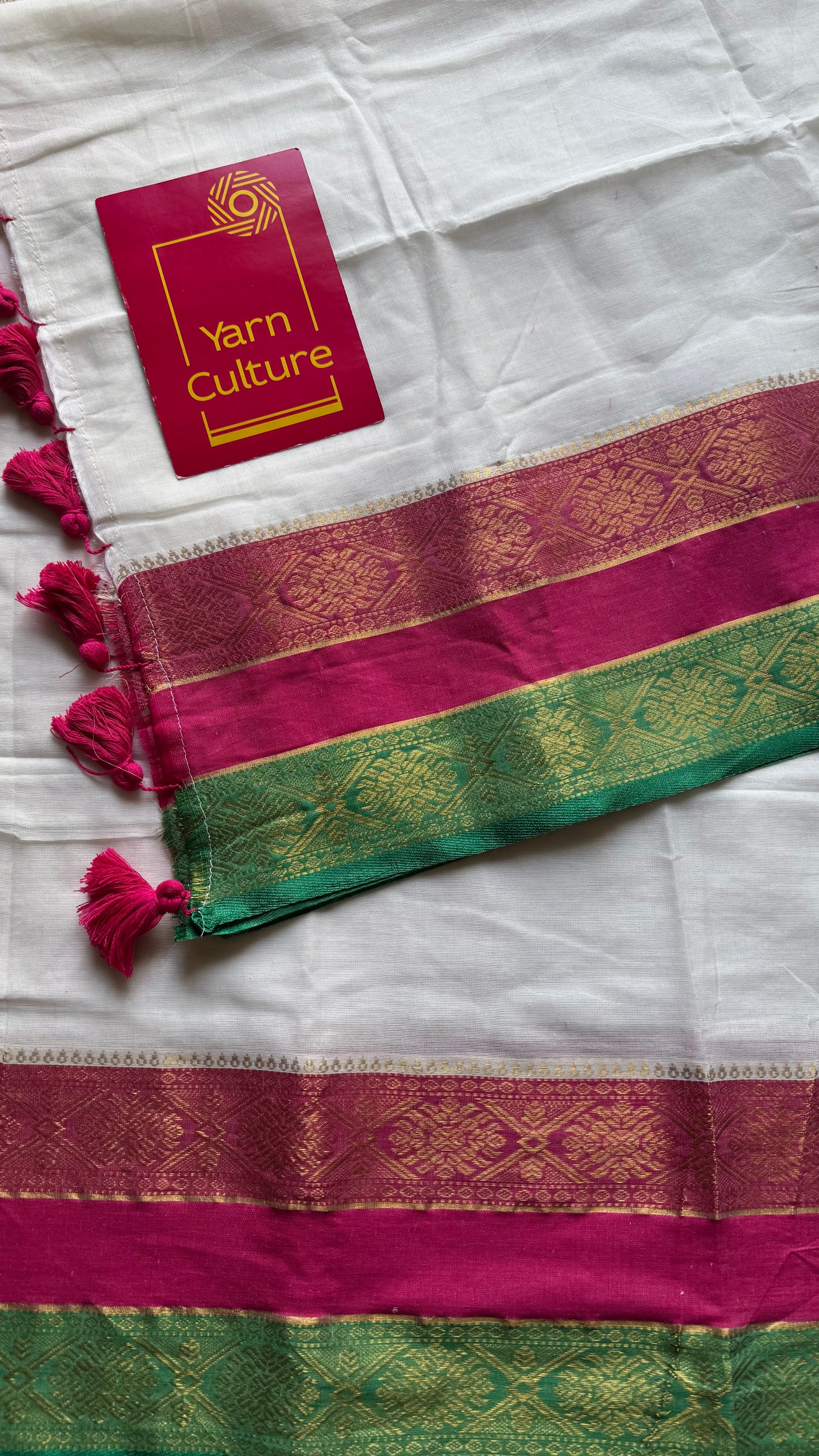 White mul with hot pink, green zari patterned border - YCBCMCLSE46