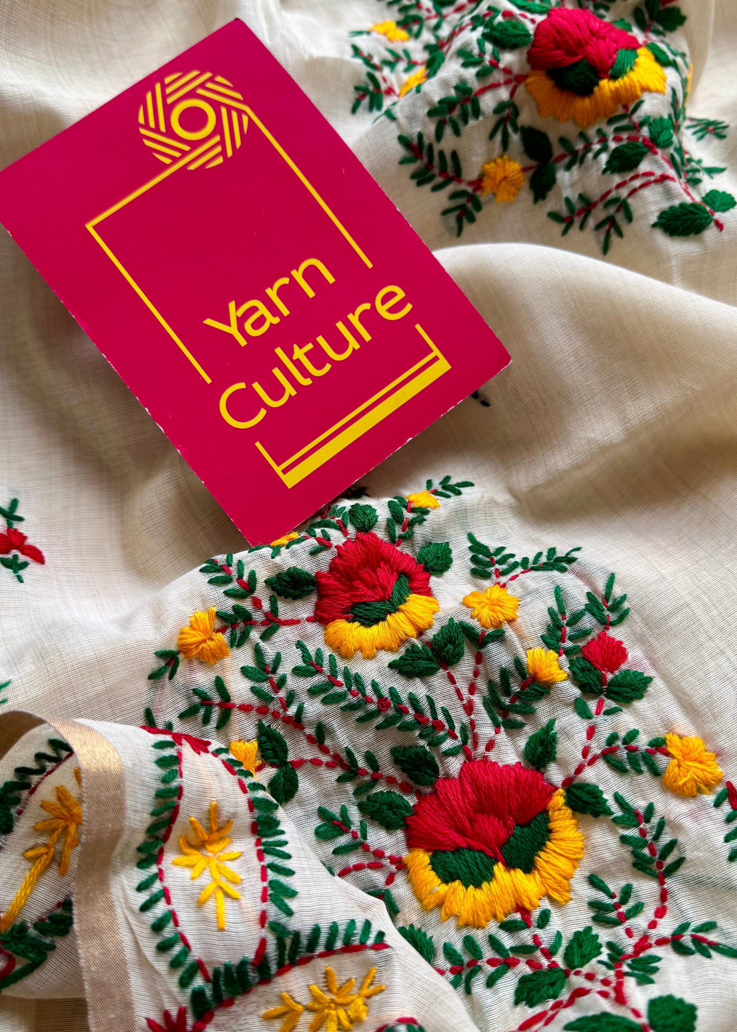 Ivory maheshwari cotton silk blend with red and yellow floral kantha threadwork - YCBLAUMK12