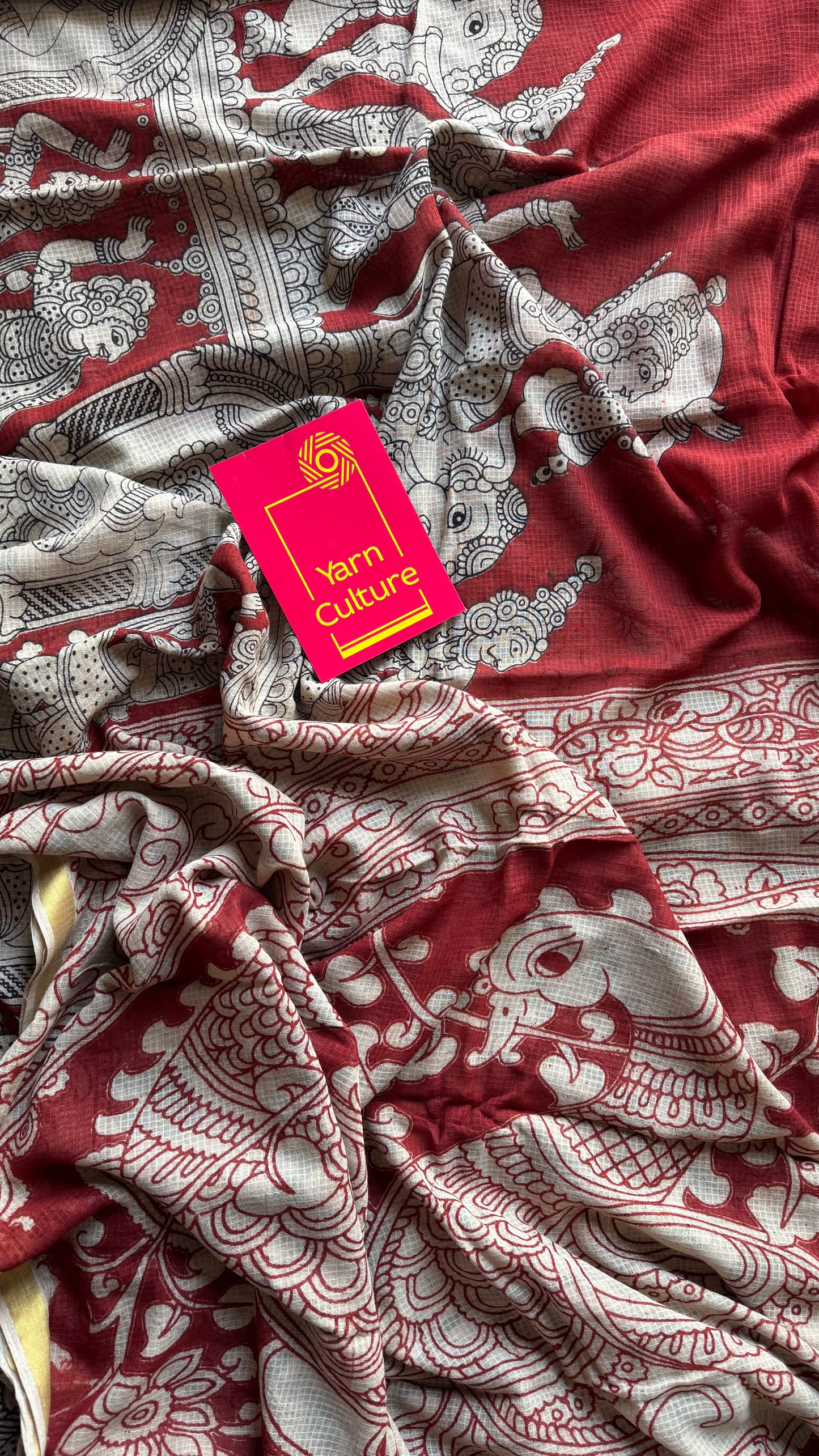 Red cream kalamkari saree in kota, with zari border - YCWOTDKKFE16