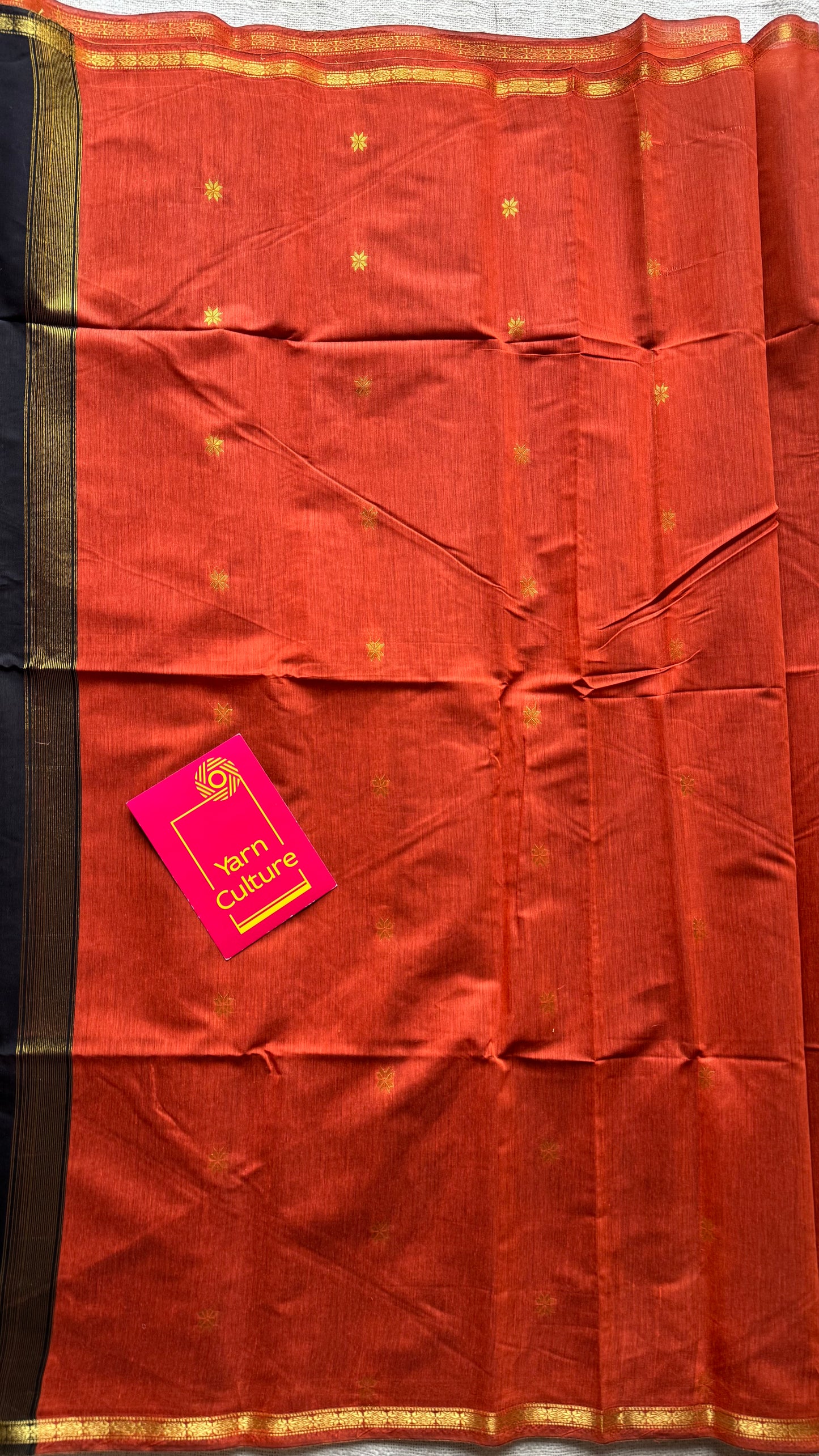 Orange with black, gold buttas, semi maheshwari cotton silk - YCCOTNFEJUSM01