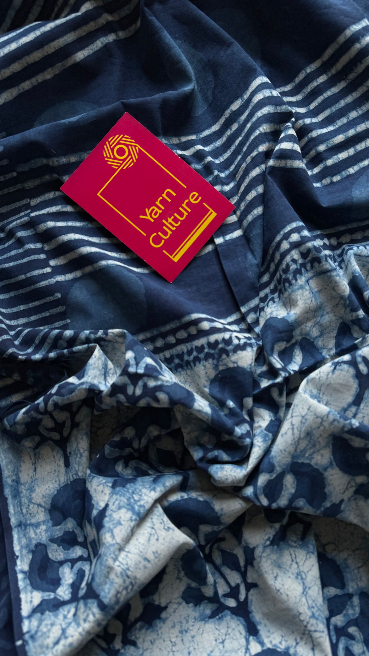 Indigo with circle and line motifs, block printed soft cotton saree - YCTORCMA24