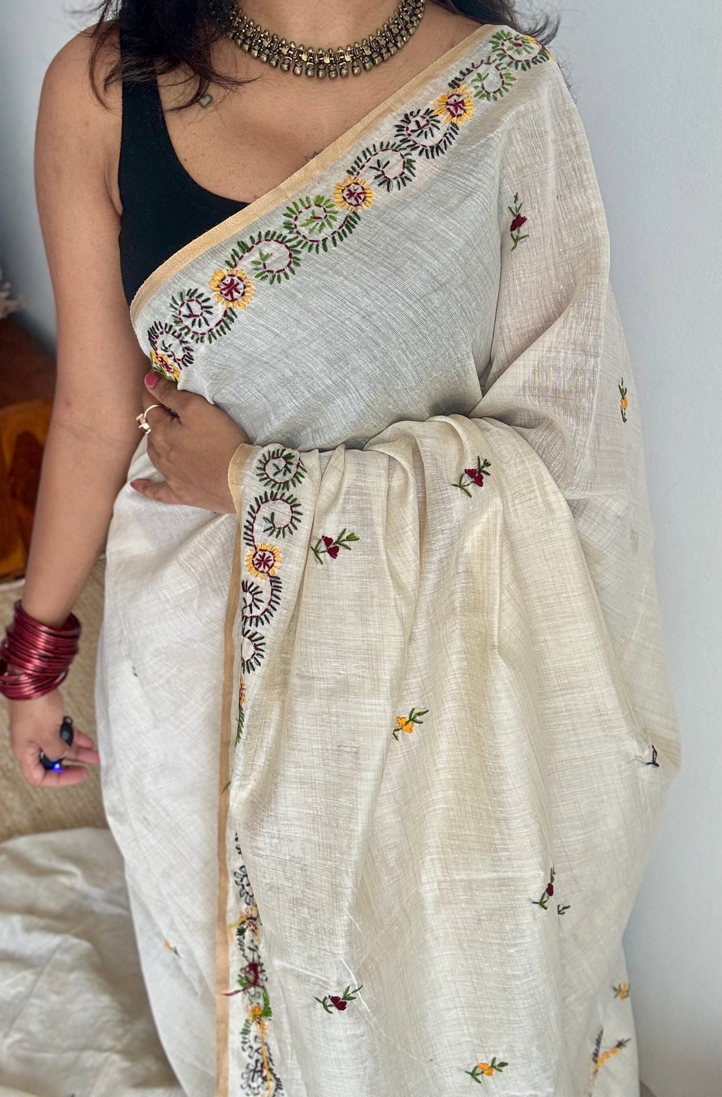 Ivory maheshwari cotton silk blend with maroon and yellow floral kantha threadwork - YCBLAUMK13