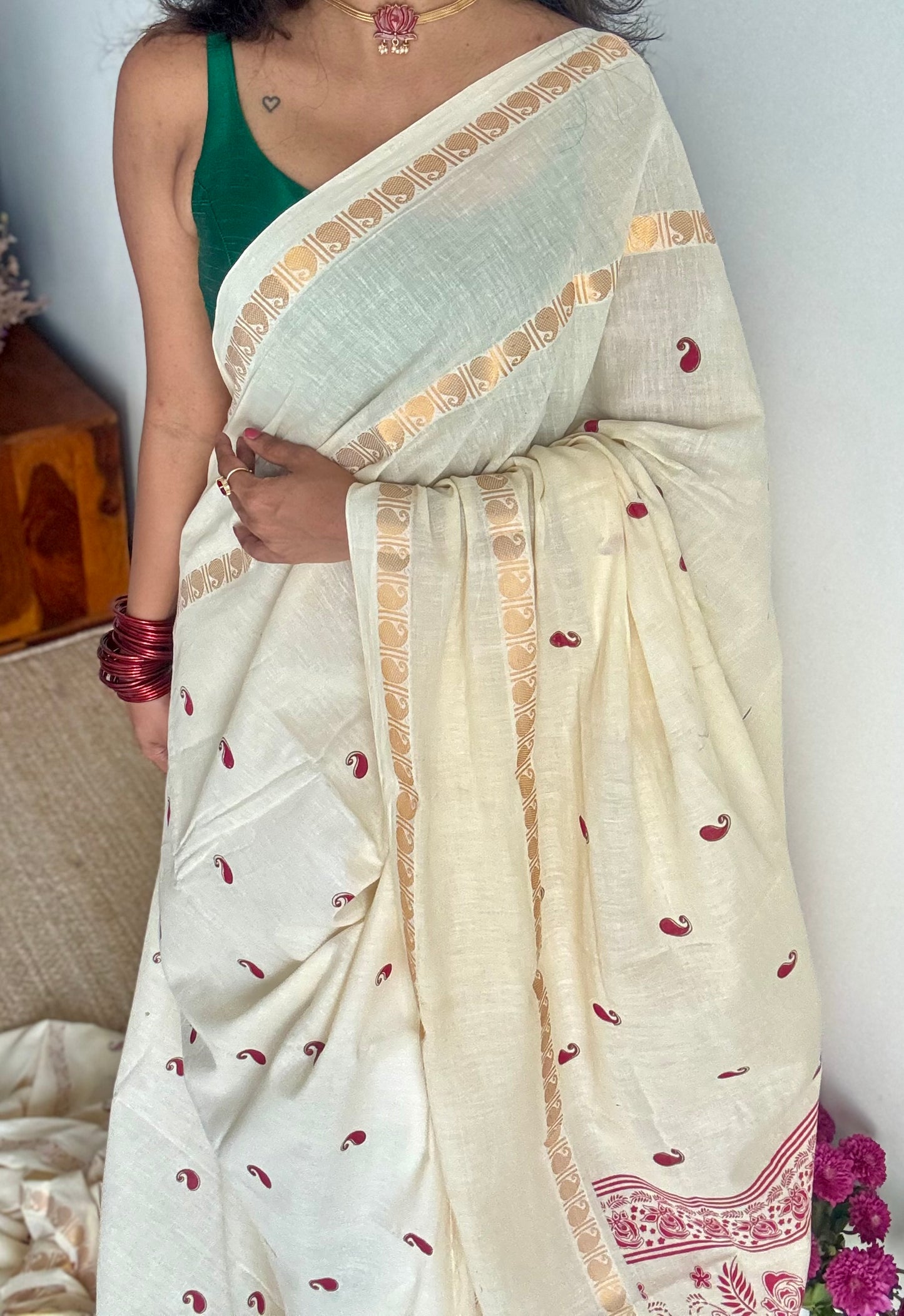 Ivory and Gold with paisley motif block printed buttas, zari border, soft Madurai cotton - YCON25MC268