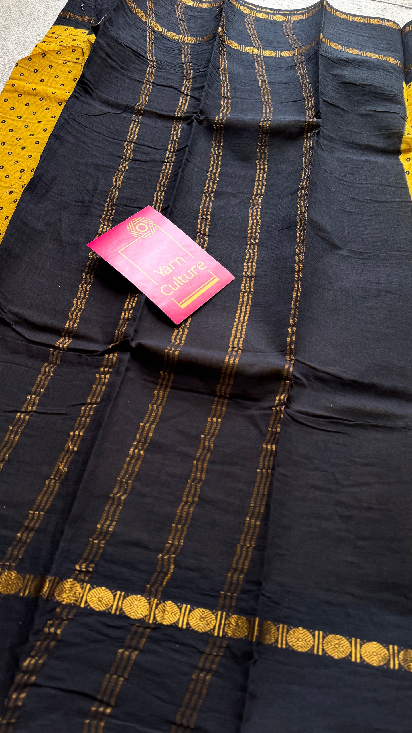 Yellow with black, sungudi motif and rudraksham border, madurai soft cotton - YCCOTNAUSC02