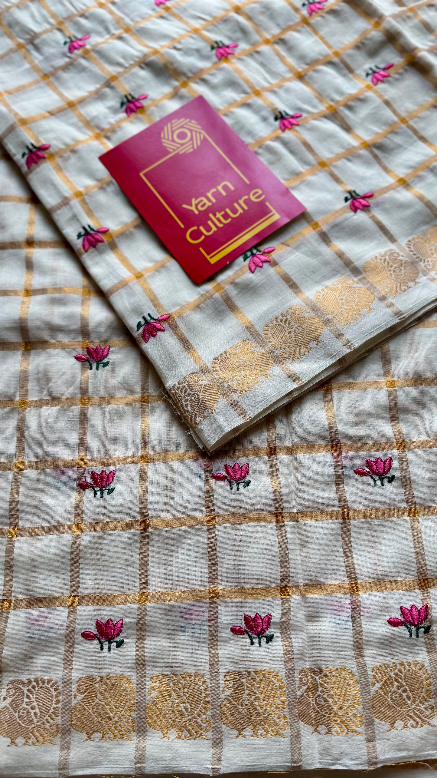 Sradha : Thaamara Kattam - pink lotus embroidery, ivory & gold, soft cotton - YCIEON167