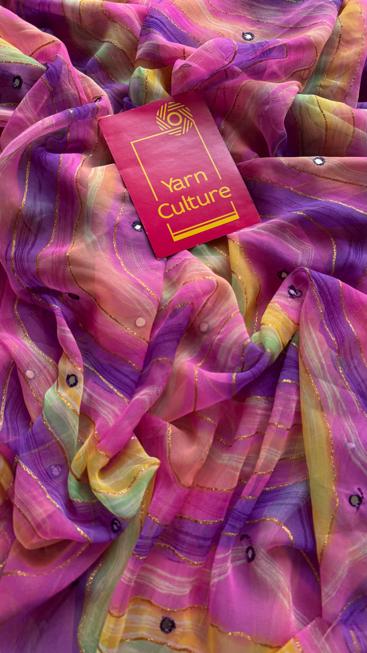 Purple pink multicoloured leheriya chiffon saree with mirror work - YCTORLOC95