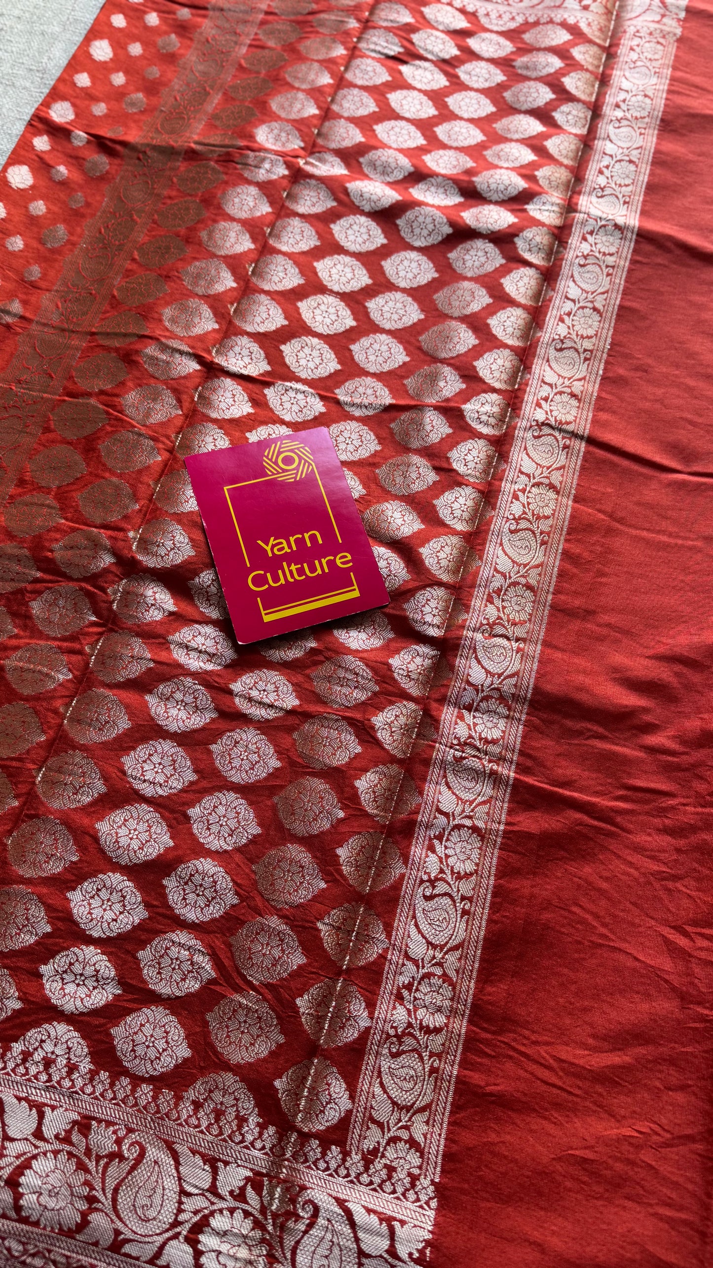 Burnt red, silver buttas and zari, Banarasi semi-silk - YCDESE36