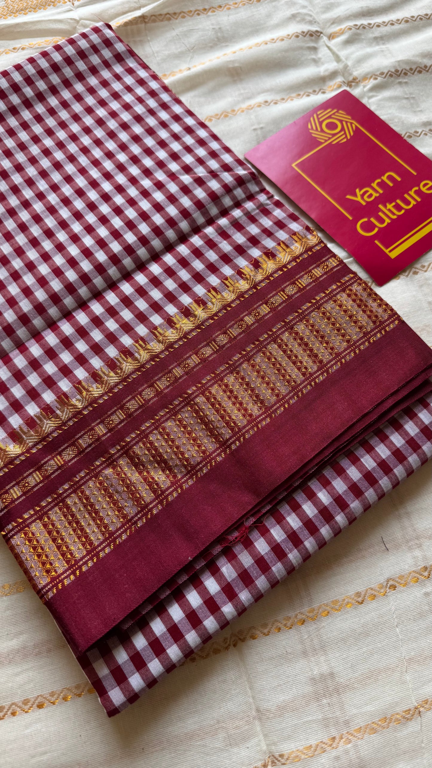 llkal maroon and white checks with chikki paras border, soft cotton with art silk blend - YCLOKICAP230