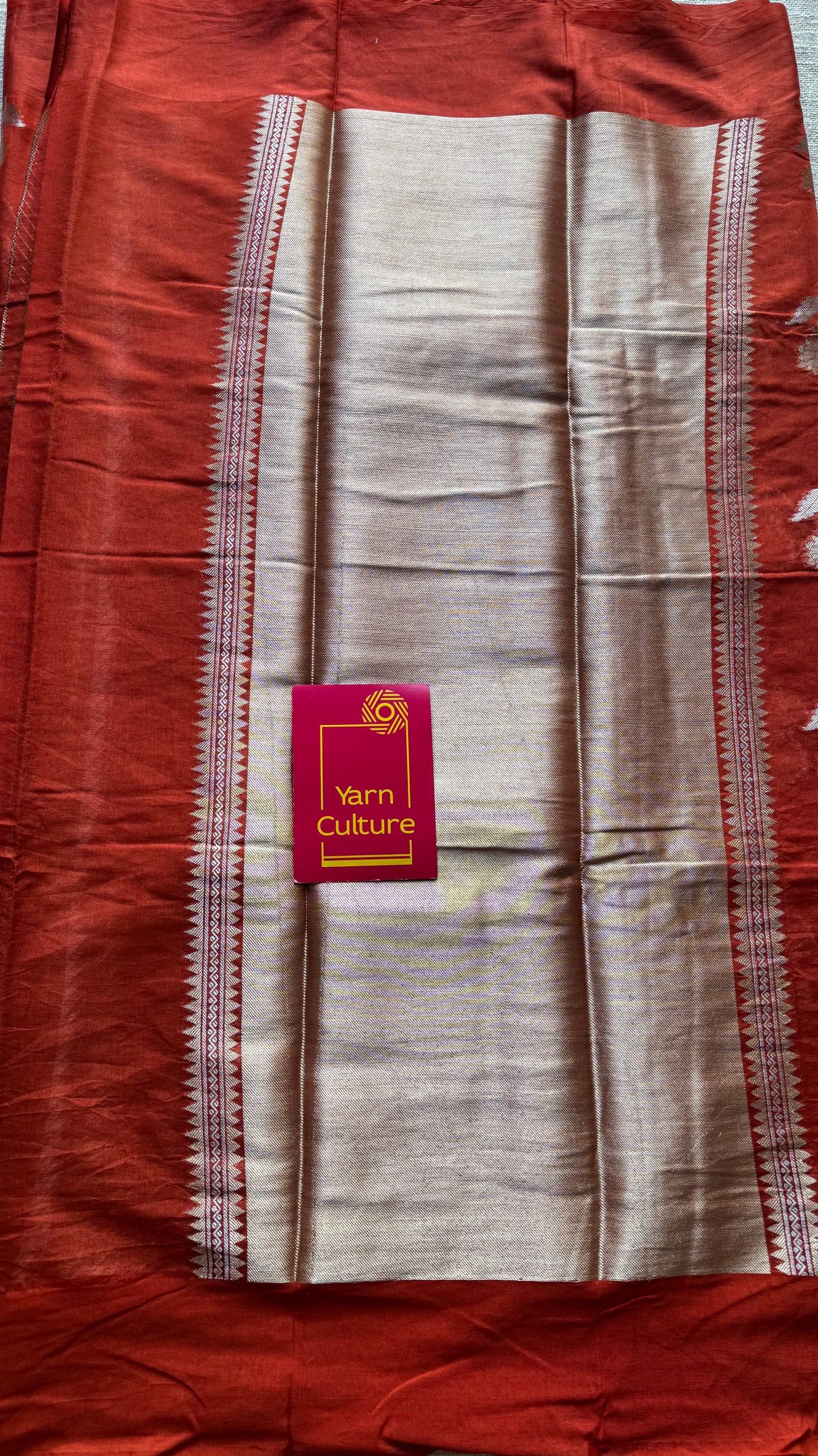 Rust orange with gold and silver floral buttas, Banarasi semi-crepe silk - YCDESE50