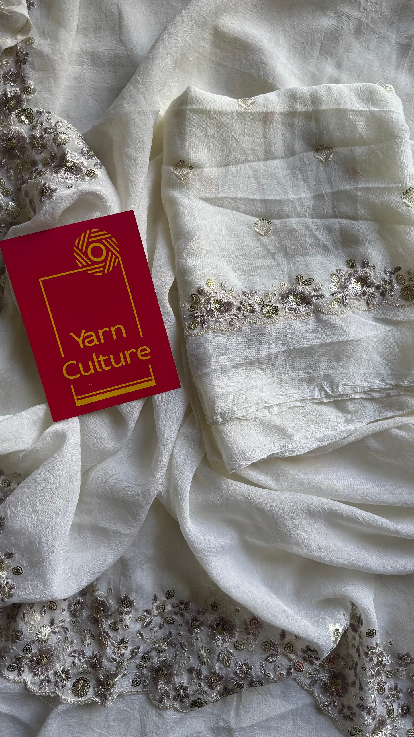 White Whimsy - white with floral sequins embroidered borders, semi-crepe- YCDOSNO48