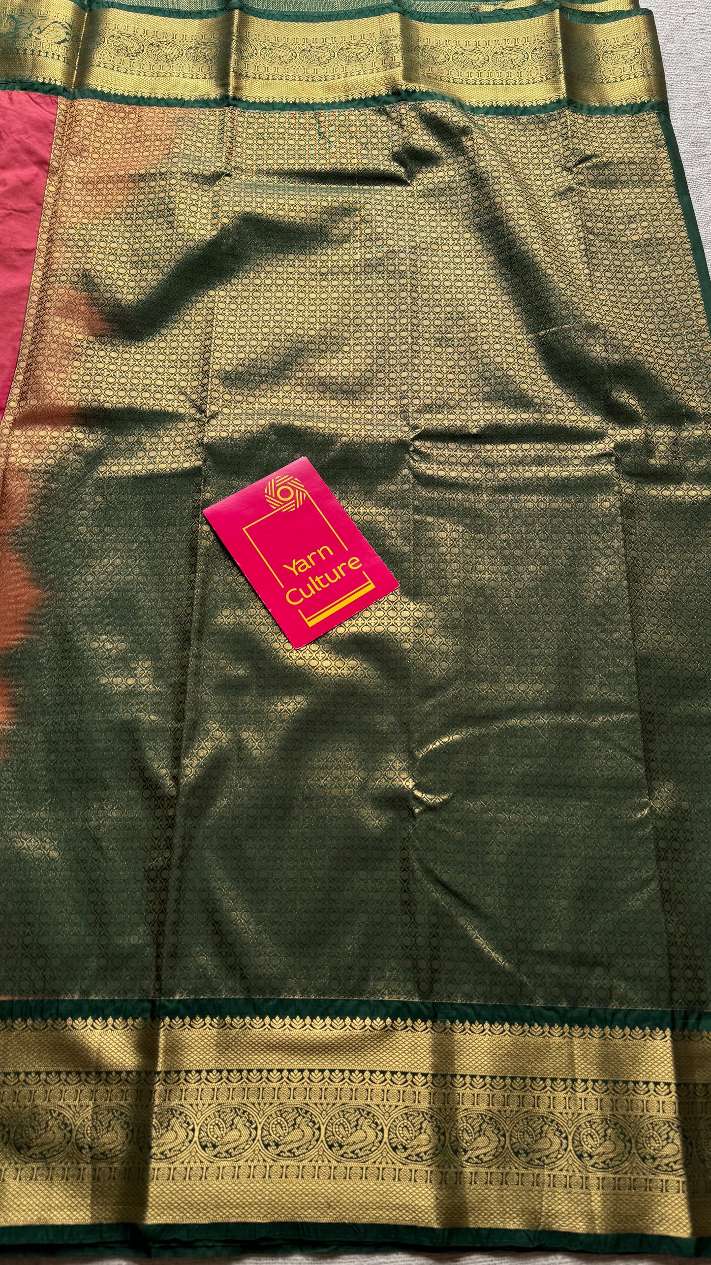 Kavini - peach with dark green, handloom korvai semi silk - YCCOTNFEJUKS01
