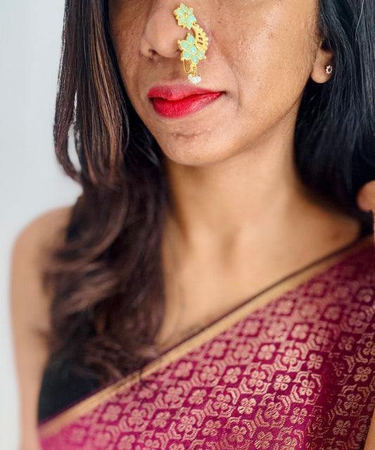 Gold plated, mint green coloured stone, clip on Maharashtrian nath - YCGPNC207