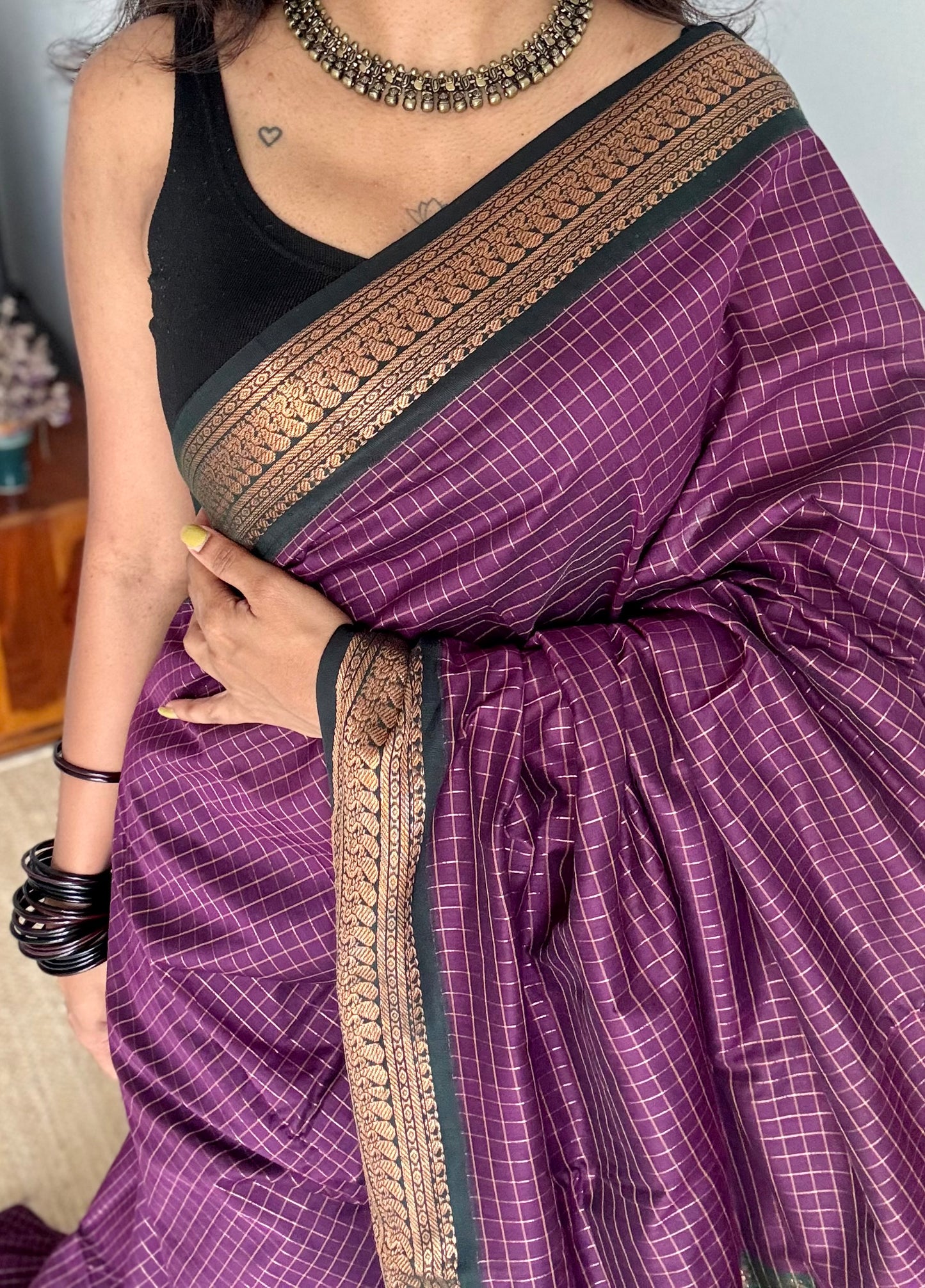 Dark purple with dark green, checks - cotton silk - YCCOTNSEKCS11
