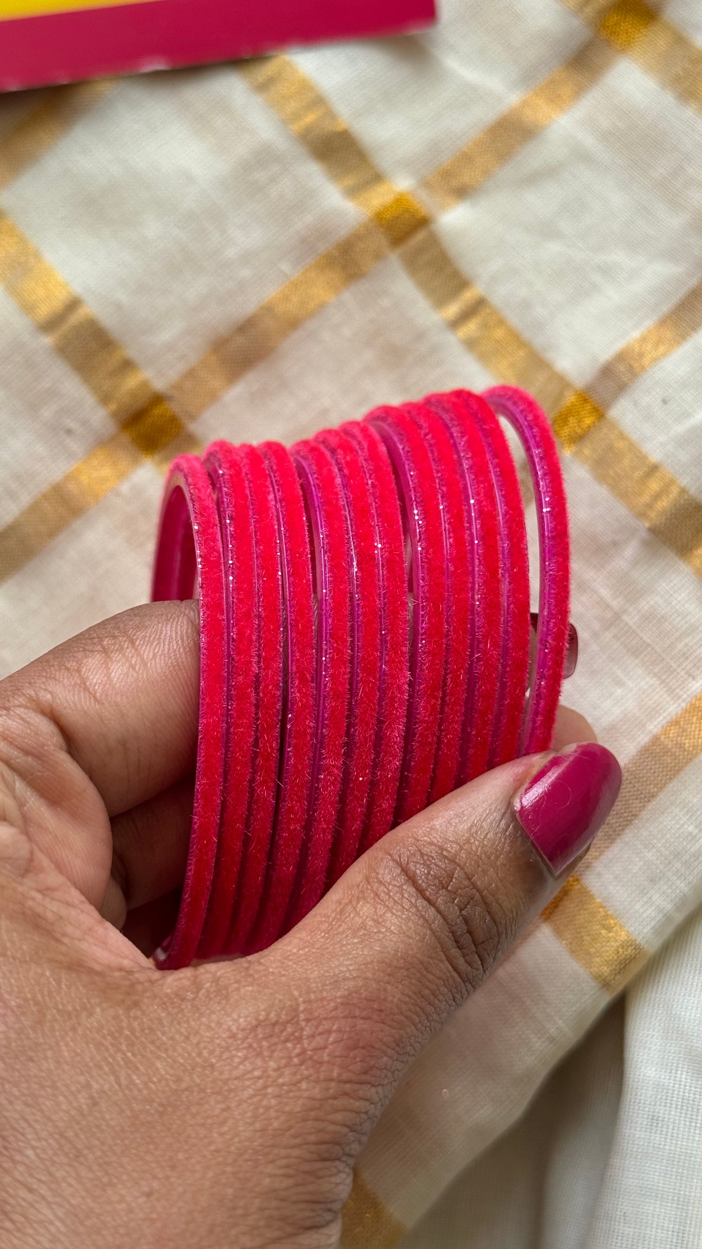 Neon pink velvet glass bangles, set of 12 - YCBANGL377