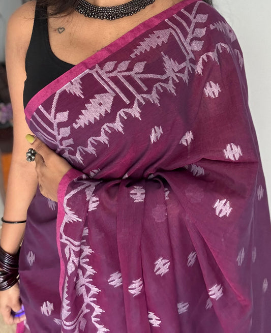 Purple double tone jamdani in soft cotton - YCBCKJJA138