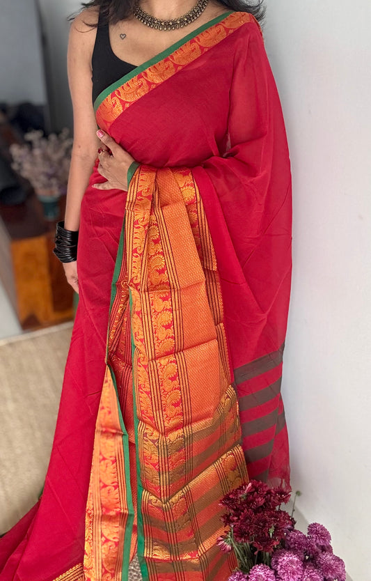 Red with broad zari border, premium narayanpet, soft cotton - YCWOTDFEBB07