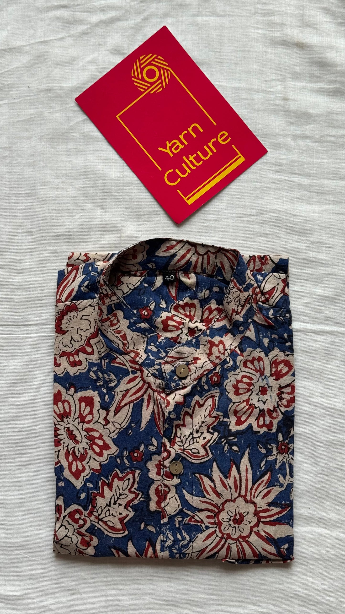 Indigo Floral Block Printed Cotton Men's Half Sleeve Mandarin Collar Kurta Shirt - YCMSEIE189