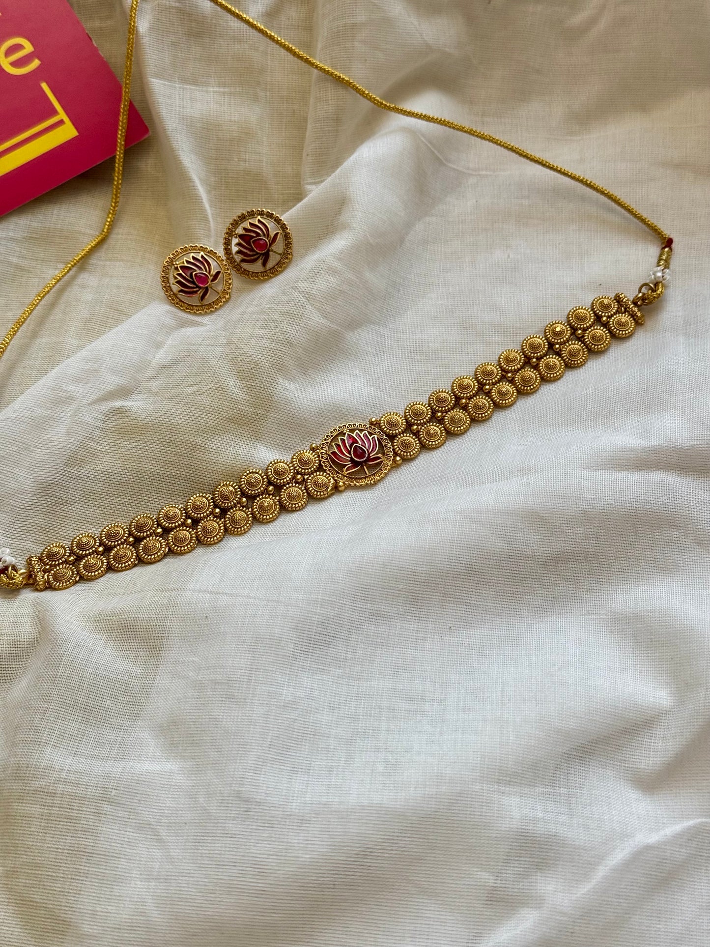 Double layered coin neckpiece with red lotus pendant, with earrings - YCGPNP624