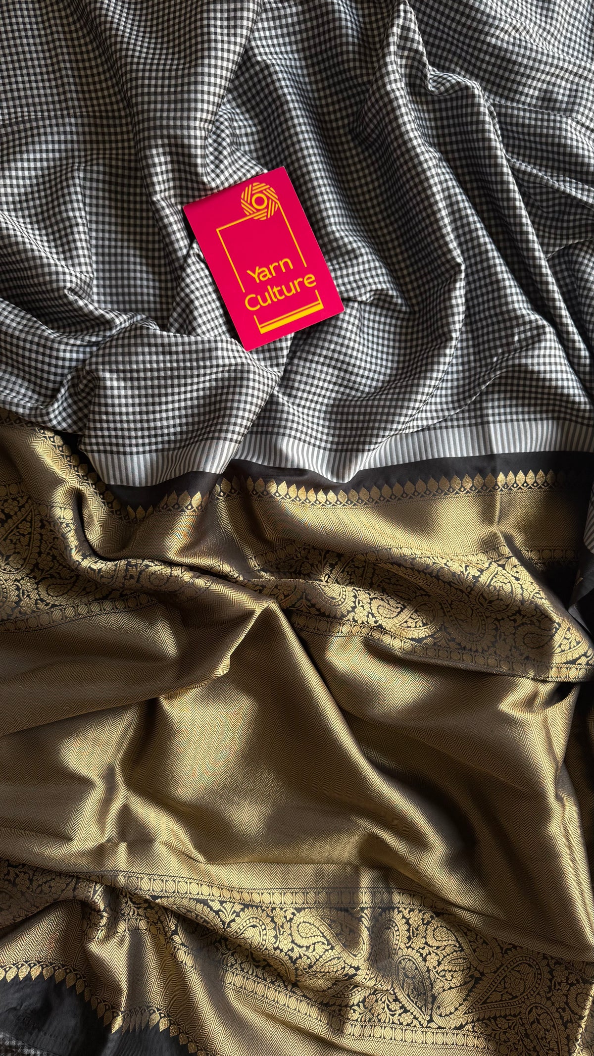 Black and white mini checks, Banarasi semi-katan silk saree with antique gold zari pallu - YCBLTOC93