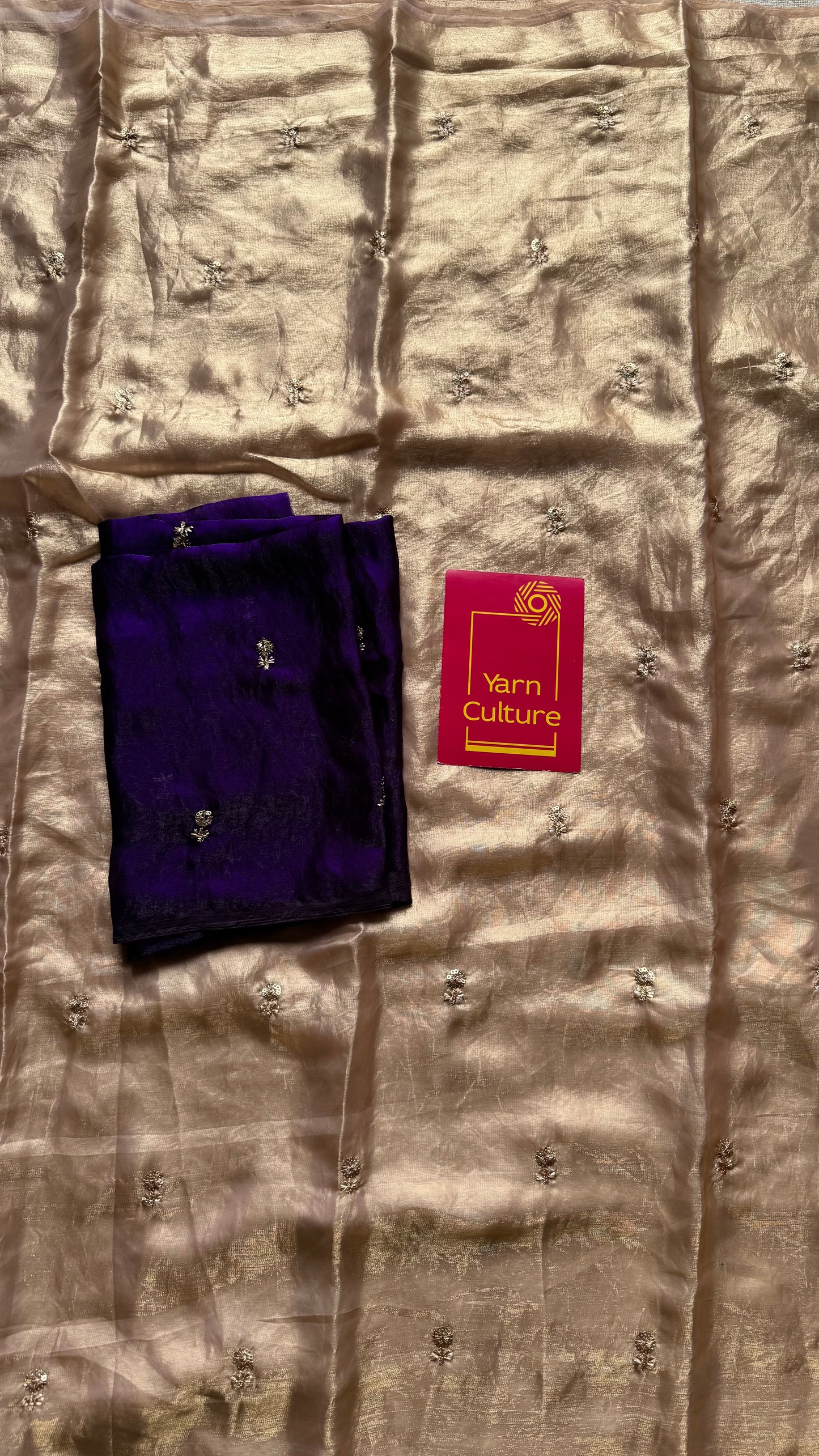 Light gold with a hint of pink, fendy satin with sequin work, contrast violet blouse - YCDOSFE14