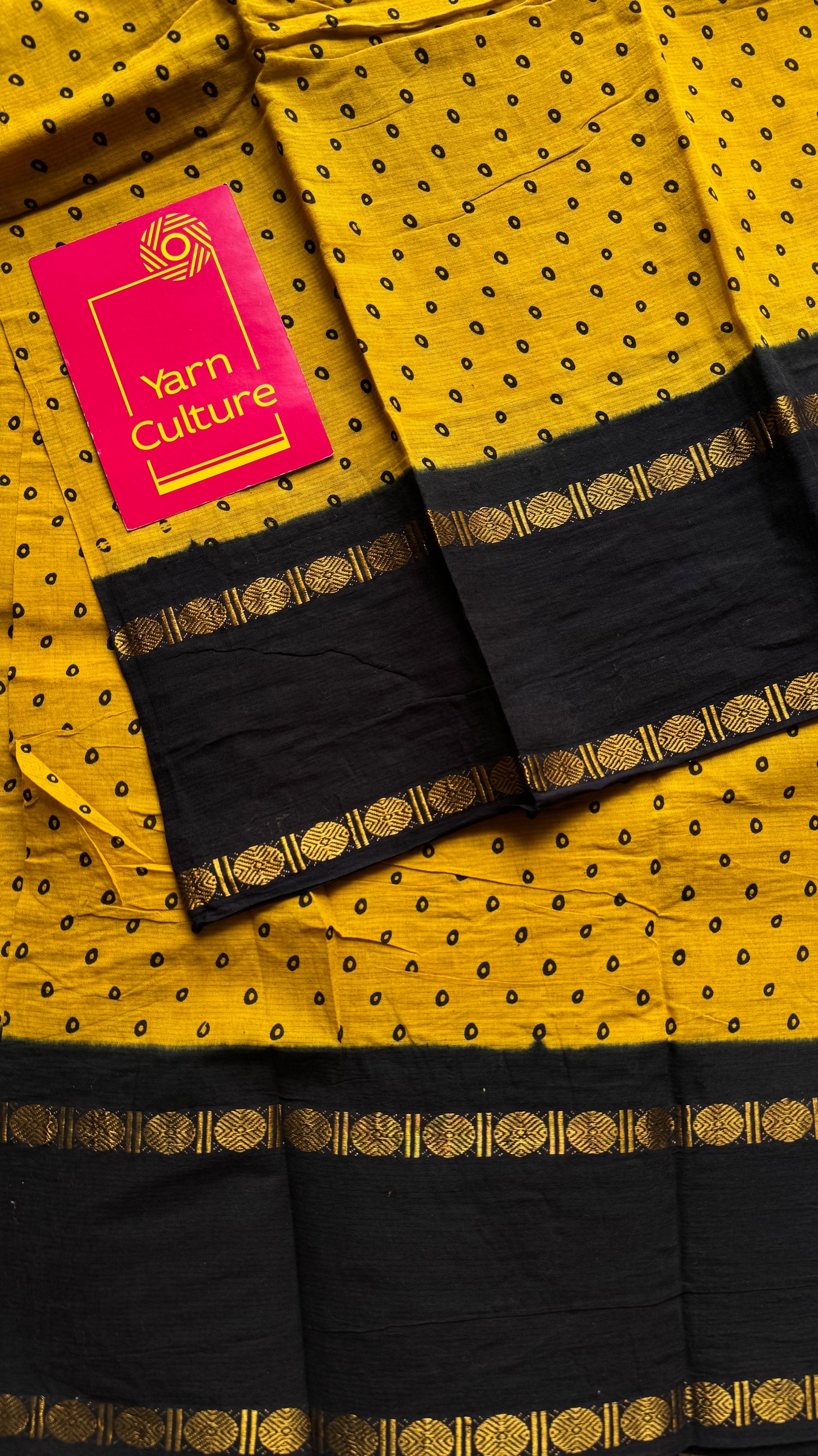 Yellow with black, sungudi motif and rudraksham border, madurai soft cotton - YCCOTNAUSC02