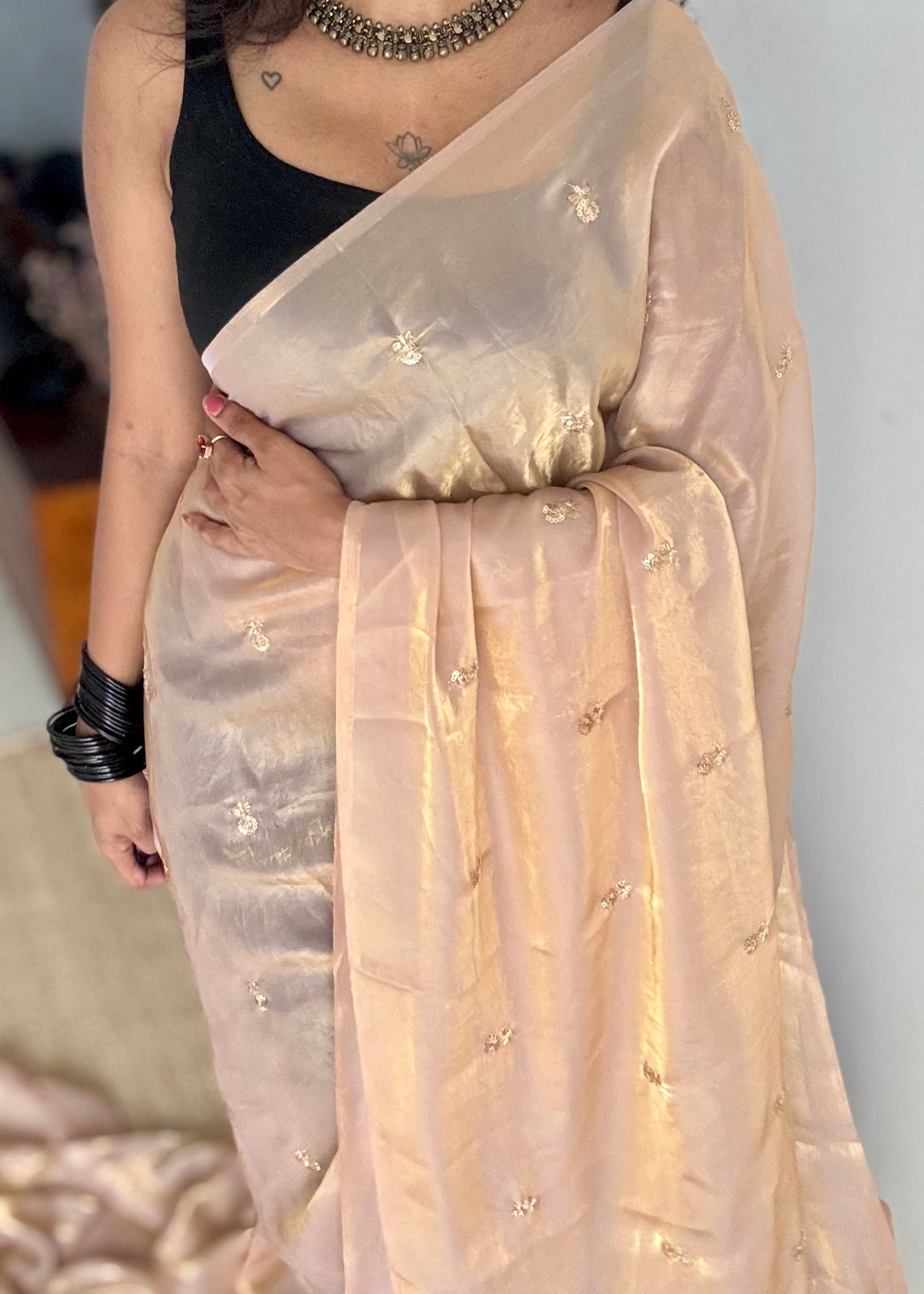 Light gold with a hint of pink, fendy satin with sequin work, contrast maroon blouse - YCDOSFE12