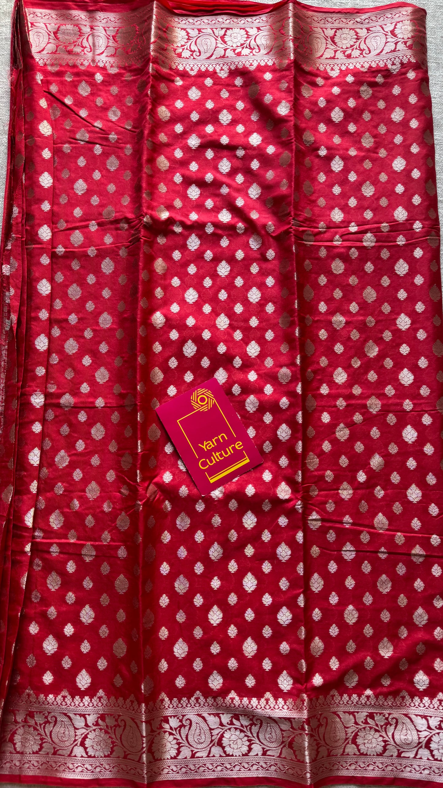 Chilli red, silver buttas and zari, Banarasi semi-silk - YCDESE37