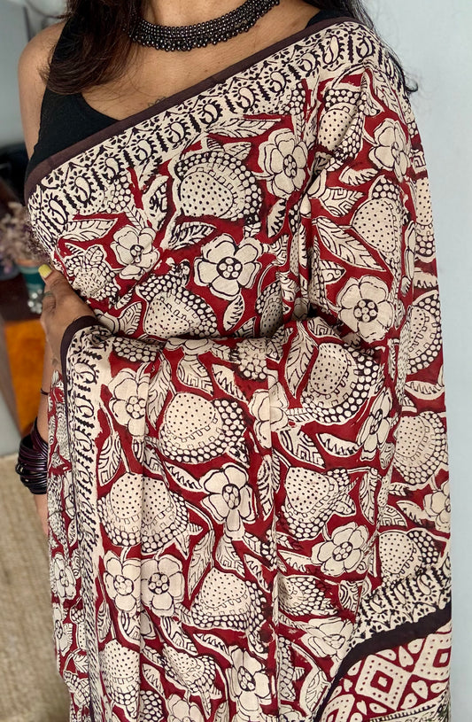 Kesar - a warm red with floral motifs, block print, soft cotton - YCWOTDNOBP90