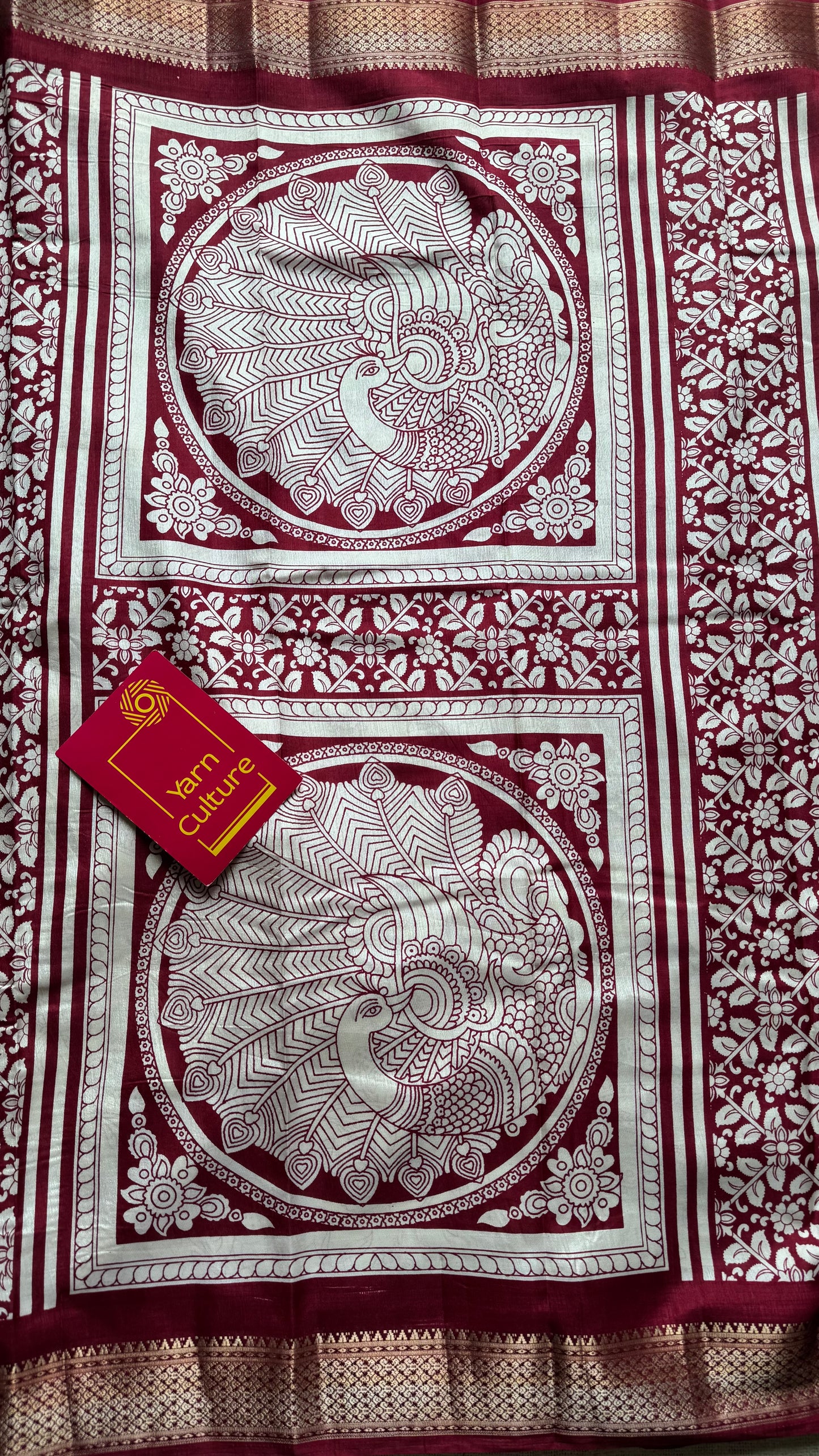 White and red contrast, printed kalamkari, semi-tussar - YCWOTDSTK01