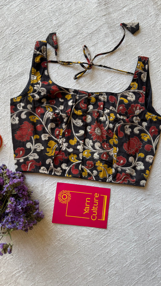 Black kalamkari printed sleeveless cotton stitched blouse, front open, non-padded - YCSESB90
