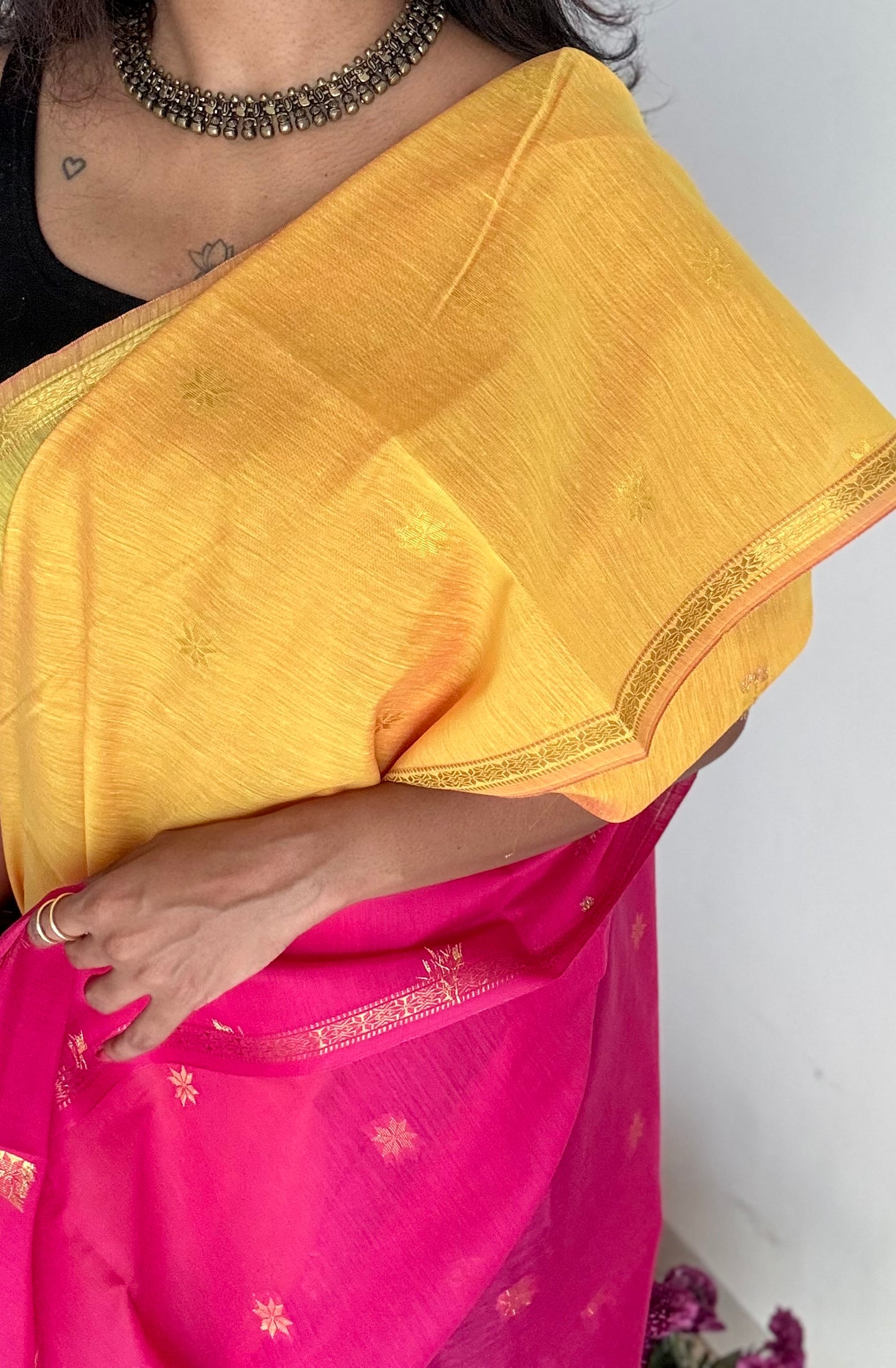 Yellow with pink, gold buttas, semi maheshwari cotton silk - YCCOTNFEJUSM08